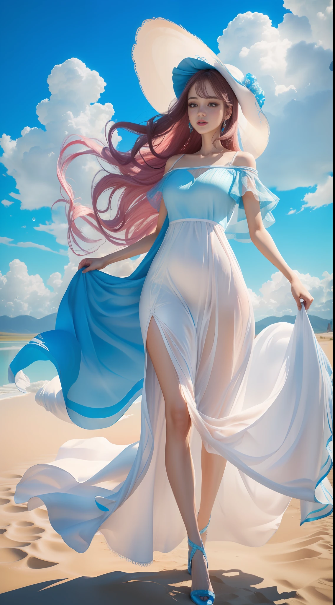 (8k, RAW photo, photorealistic:1.25, Masterpiece) ,( lip gloss, eyelashes, glossy side, shiny skin, best quality, ultra-high resolution, depth of field, chromatic aberration, caustic, wide light, natural shadow, headwear, Kpop idol) ,light pink and blue style, 1girl, (blue sky: 1.5), tall and thin beauty goddess, flowing dress, conservative girl, cloud goddess, flowing white fabric, Wearing a flowing dress, realistic, (background with blue sky and white clouds: 1.4), (wind: 1.5), (full body: 1.5), add_detail,