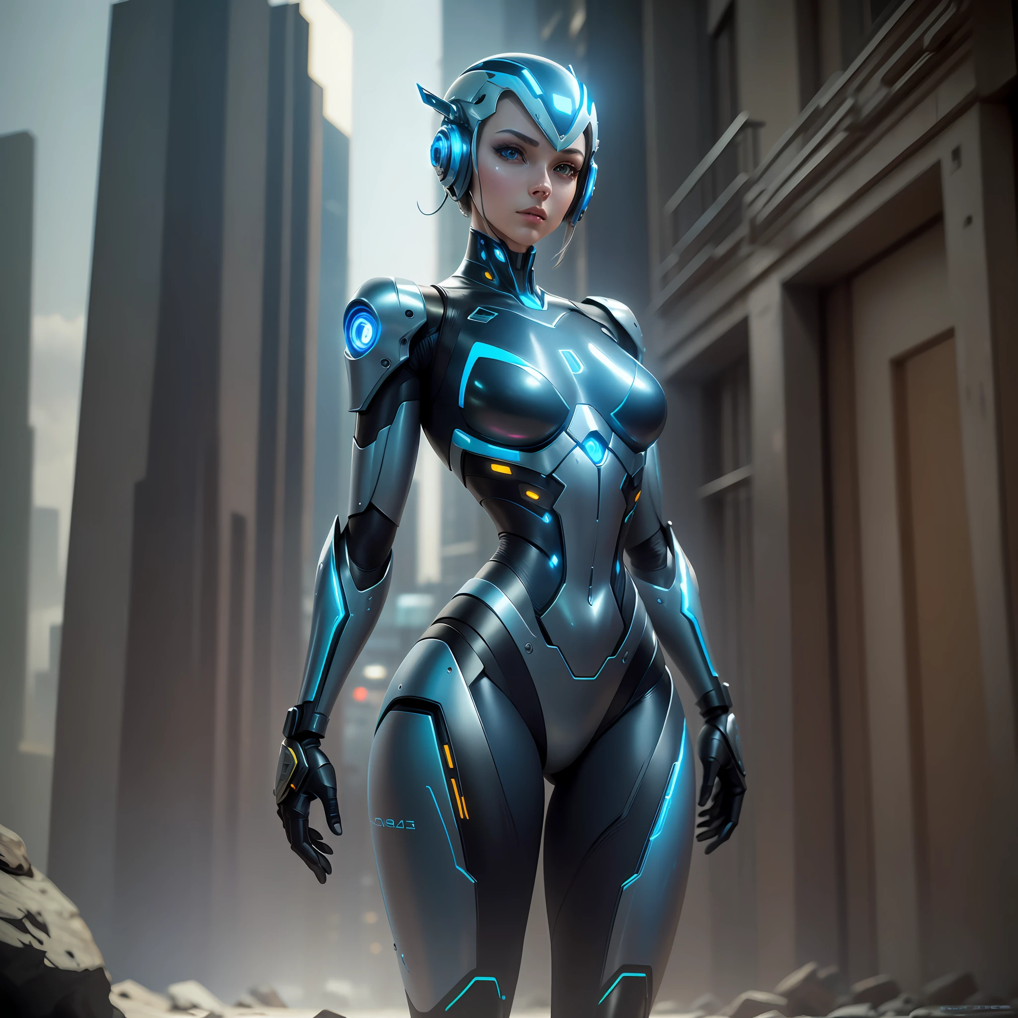 realistic photography, solo, full copor, full body photography, depth, best quality, a humanoid robot, with human parts, bright eyes, shiny armor, slim body, cyberpunk style, neuras colors, realistic, 8k, HDR, sensual body, --auto --s2