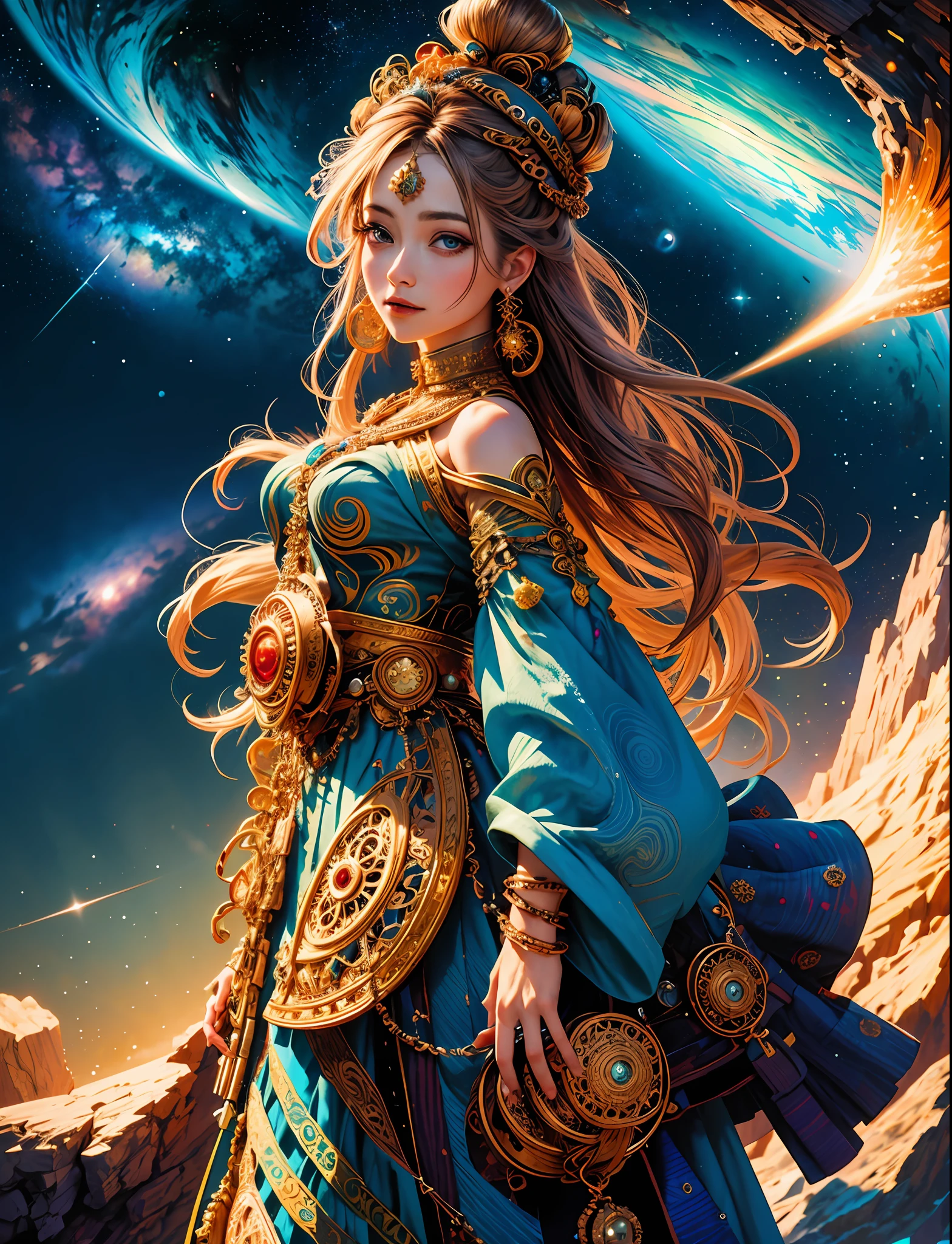 Official Art, Unified 8k Wallpaper, Ultra Detailed, Beautiful and Aesthetic, High Quality, Girl with Jewelry on Her Head, Colorful National Costumes, Planet, Star Track, Nebula, Beauty, Masterpiece, Best Quality, (Zentangle, Mandala, Tangled, Entangle: 0.6),
