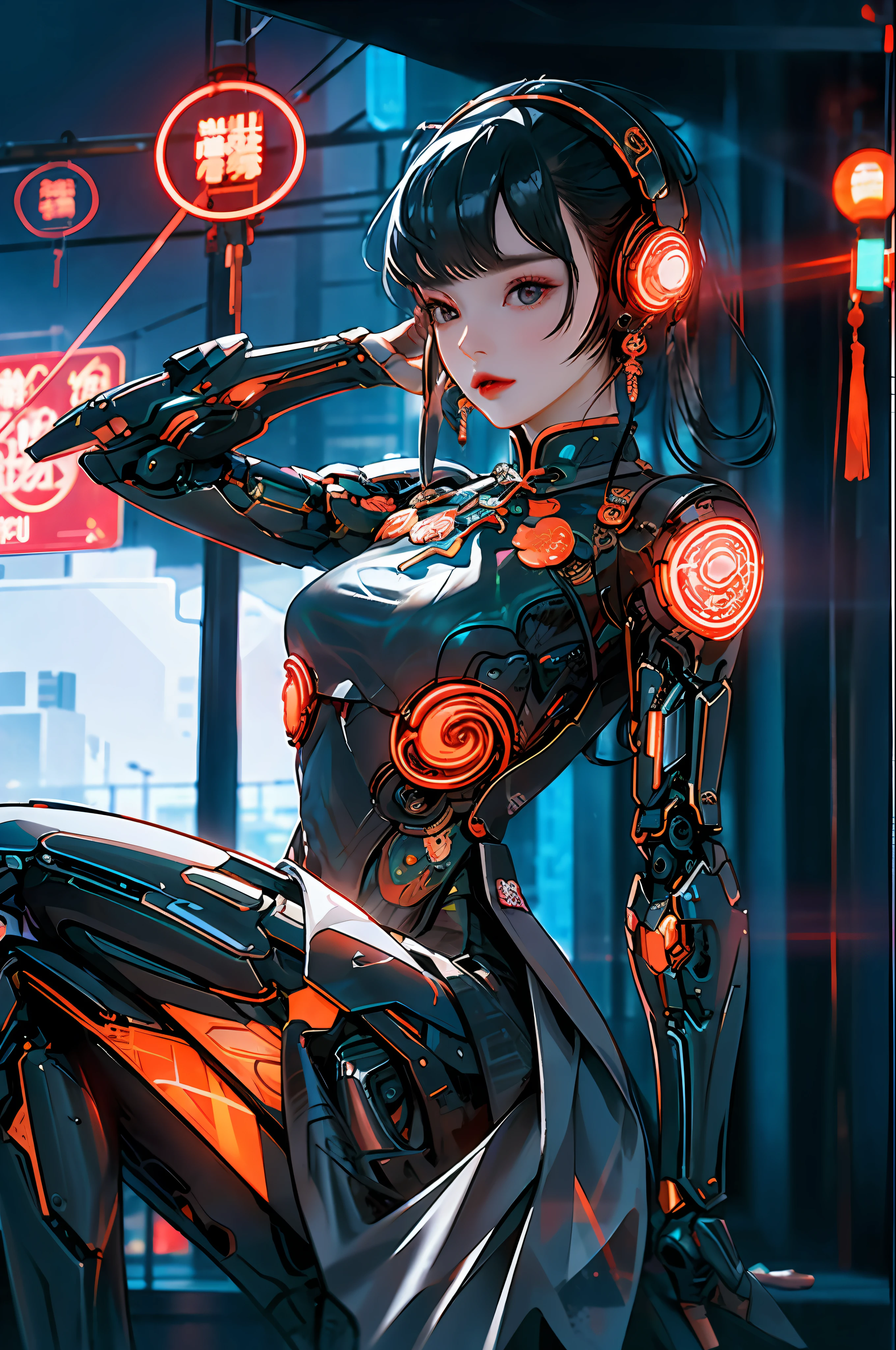 1 girl, Chinese_clothes, black and orange, cyberhan, cheongsam, cyberpunk city, dynamic pose, glowing headphones, glowing hair accessories, long hair, glowing earrings, glowing necklace, long straight hair flying messy, silver hair, cyberpunk, high-tech city, full of mechanical and futuristic elements, futurism, technology, glowing neon, orange, orange light, laser, digital background city sky, big moon, with vehicle, best quality, masterpiece, 8K, character edge light, Super high detail, high quality, the most beautiful woman in human beings, background many advertising light boxes