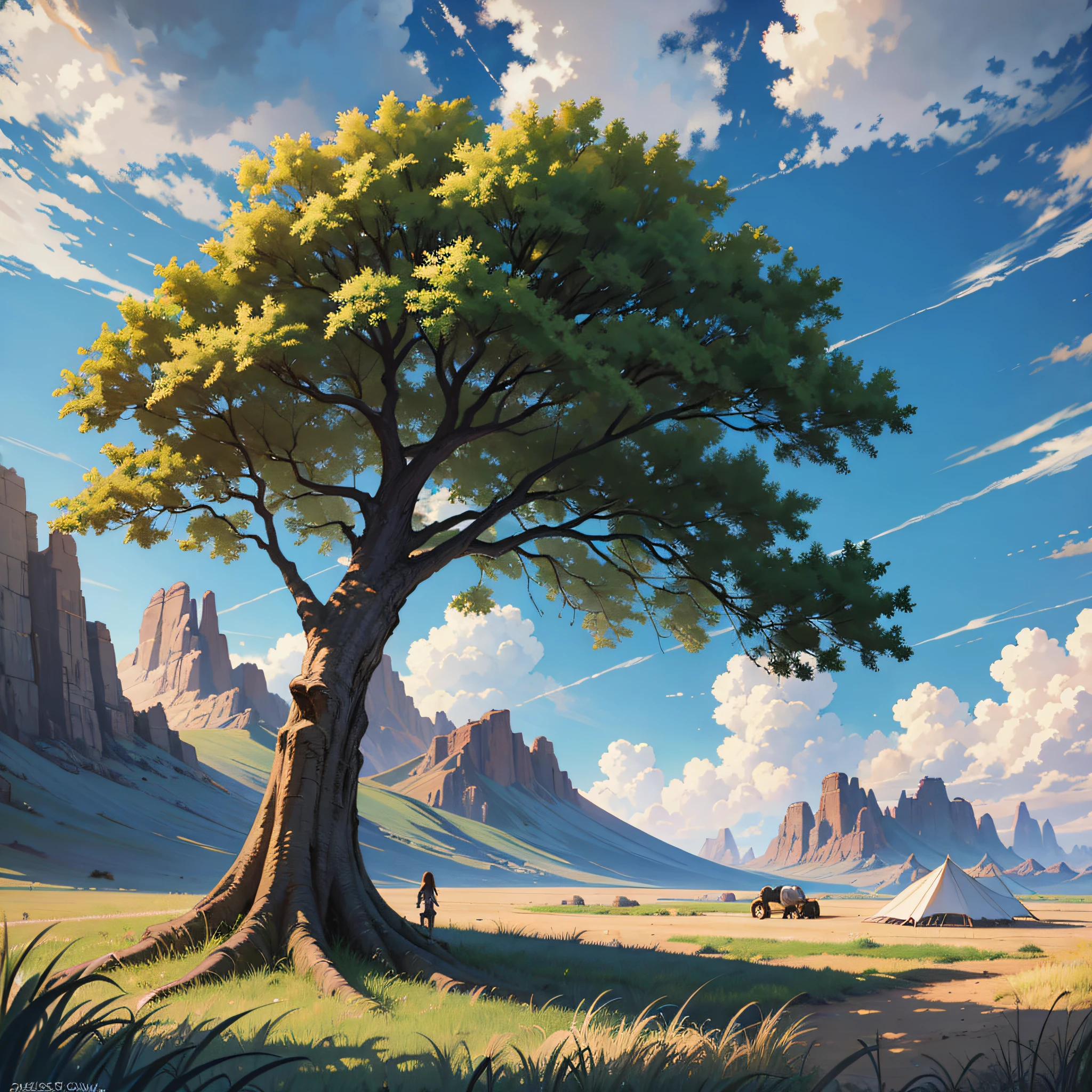 concept art, samia, tree, landscape, cloud, outdoor, tent, aboriginal, sky, sky, sky, mountain, grass, nature, mksks style, best quality, perfect --auto --s2