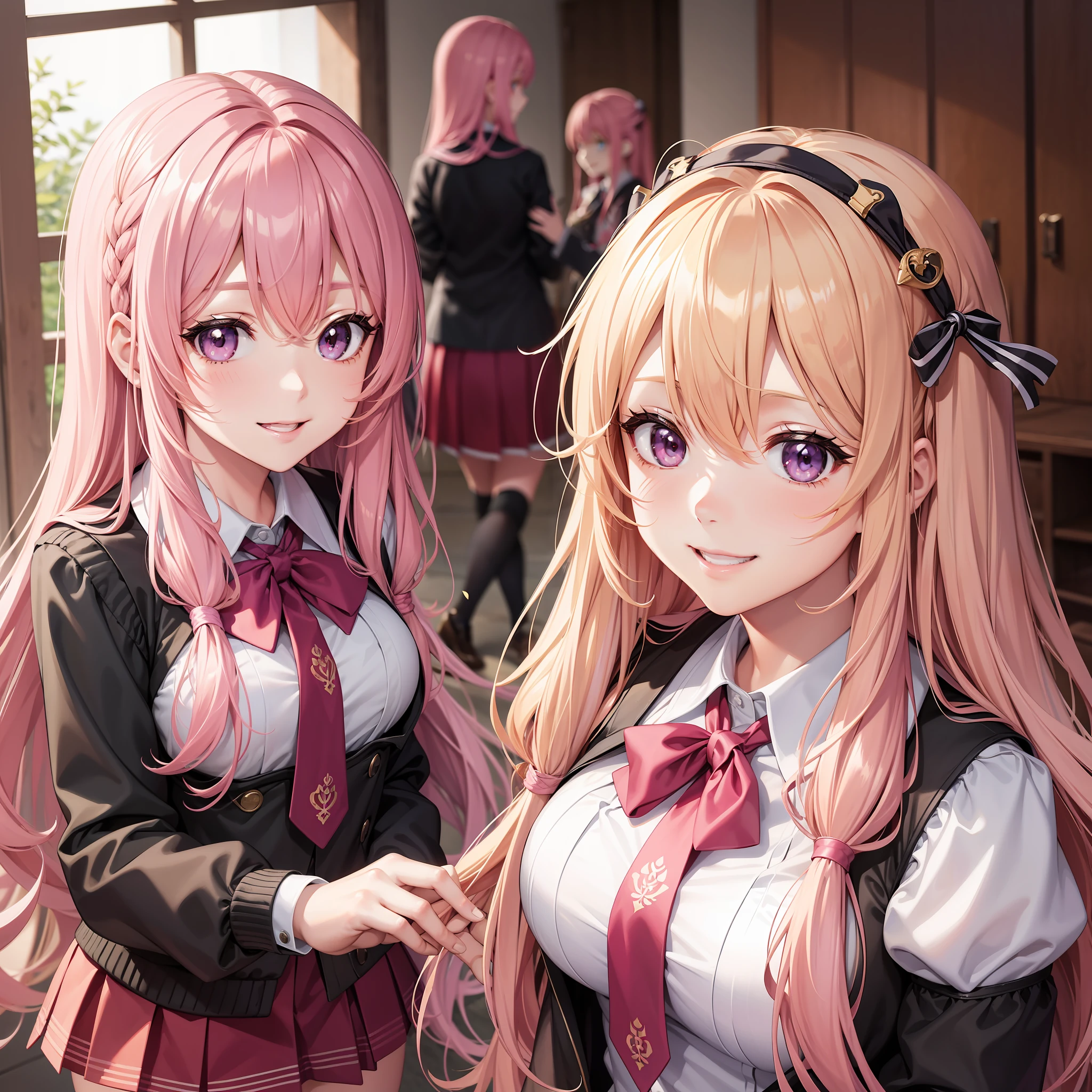 Harem Multiple Girls School Uniform Smiling Long Hair Best Quality Masterpiece Blonde Pink Hair Future