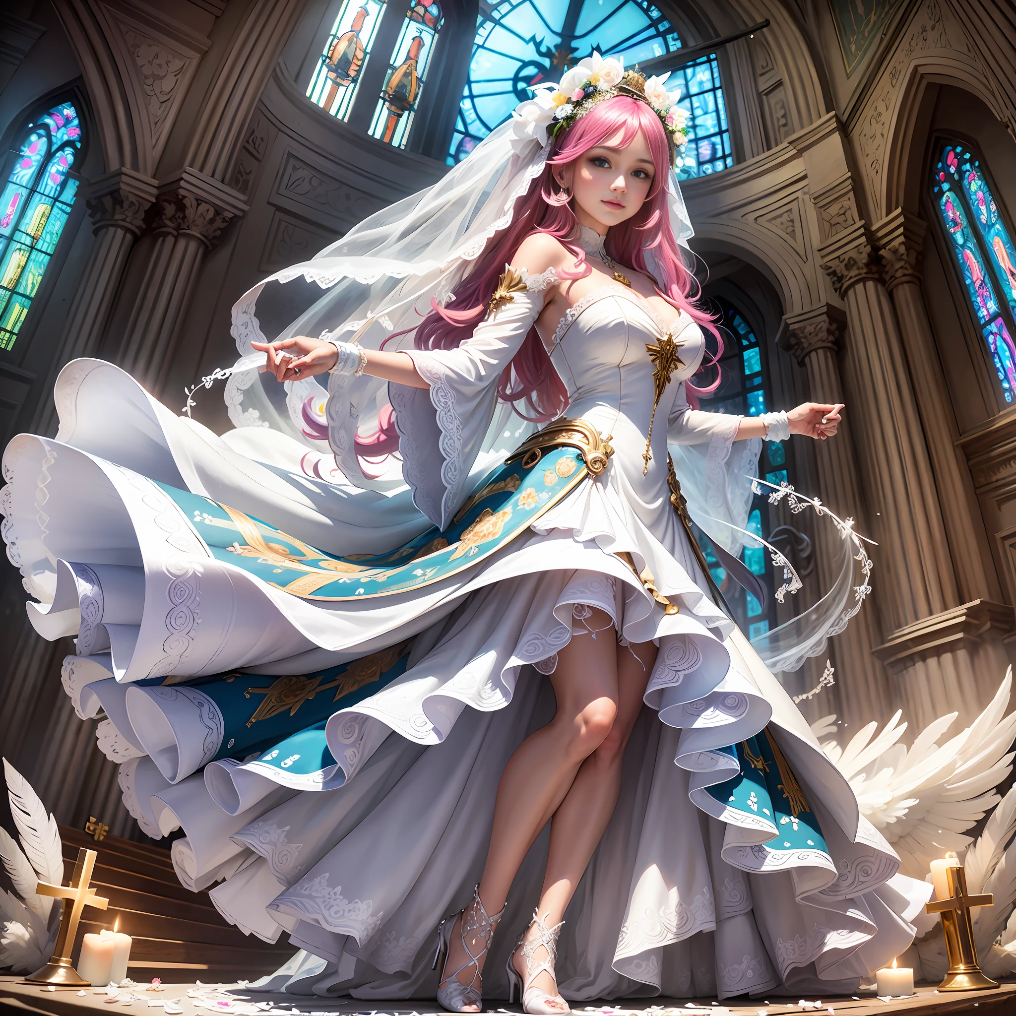 //style (Maximalism:1.5), BREAK //quality and charactor (realistic:1.6), super photo realistic illustration, highres, ultla detailed, absurdres, extremely beautiful bride, (white:1.7), (female bride:1.3), (white feathers:1.3), (full body:1.3), (girl white dress decorated many jewelries, ultra detailed white dress), (huge white dress:1.2), (ultra detailed white dress:1.3), beautiful long hair blowing in air, hair ornaments with jewelries, amethyst, lapis lazuli, emerald, turquoise, sapphire, topaz, (from below:1.1), //emotion (god bless you:1.5),smile, smiling, kind, content expression, satisfied, pleased, gratified, thoughtful expression, determined expression, purposeful, BREAK //background (detailed wedding background:1.4), (in the church:1.6), (depth of field:1.7), vowing, angel, angel, (angel ladder), flower petals, spiral, spiral staircase, BREAK //effect (colorful:1.2), blooming light effect, suspended moments, paper collage, layered compositions, varied textures, abstract designs, visual storytelling,