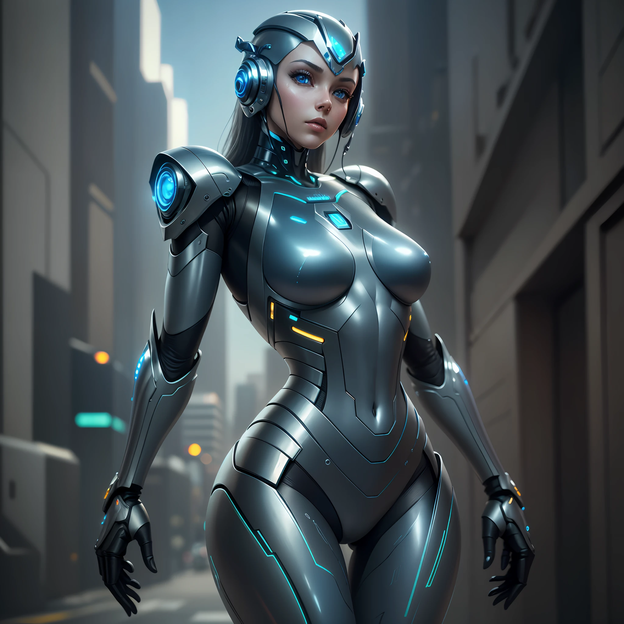 realistic photography, solo, full copor, full body photography, depth, best quality, a humanoid robot, with human parts, bright eyes, shiny armor, slim body, cyberpunk style, neuras colors, realistic, 8k, HDR, sensual body, --auto --s2
