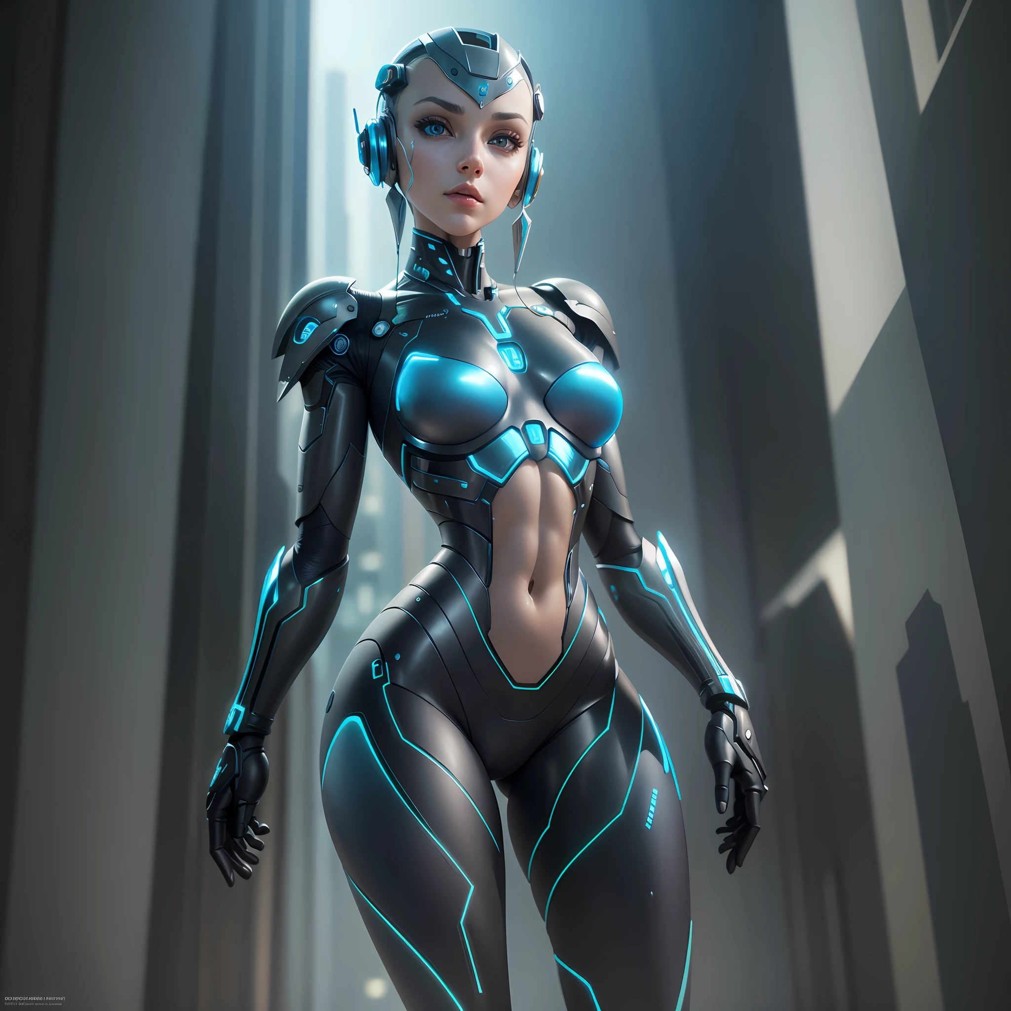 realistic photography, solo, full copor, full body photography, depth, best quality, a humanoid robot, with human parts, bright eyes, shiny armor, slim body, cyberpunk style, neuras colors, realistic, 8k, HDR, sensual body, --auto --s2