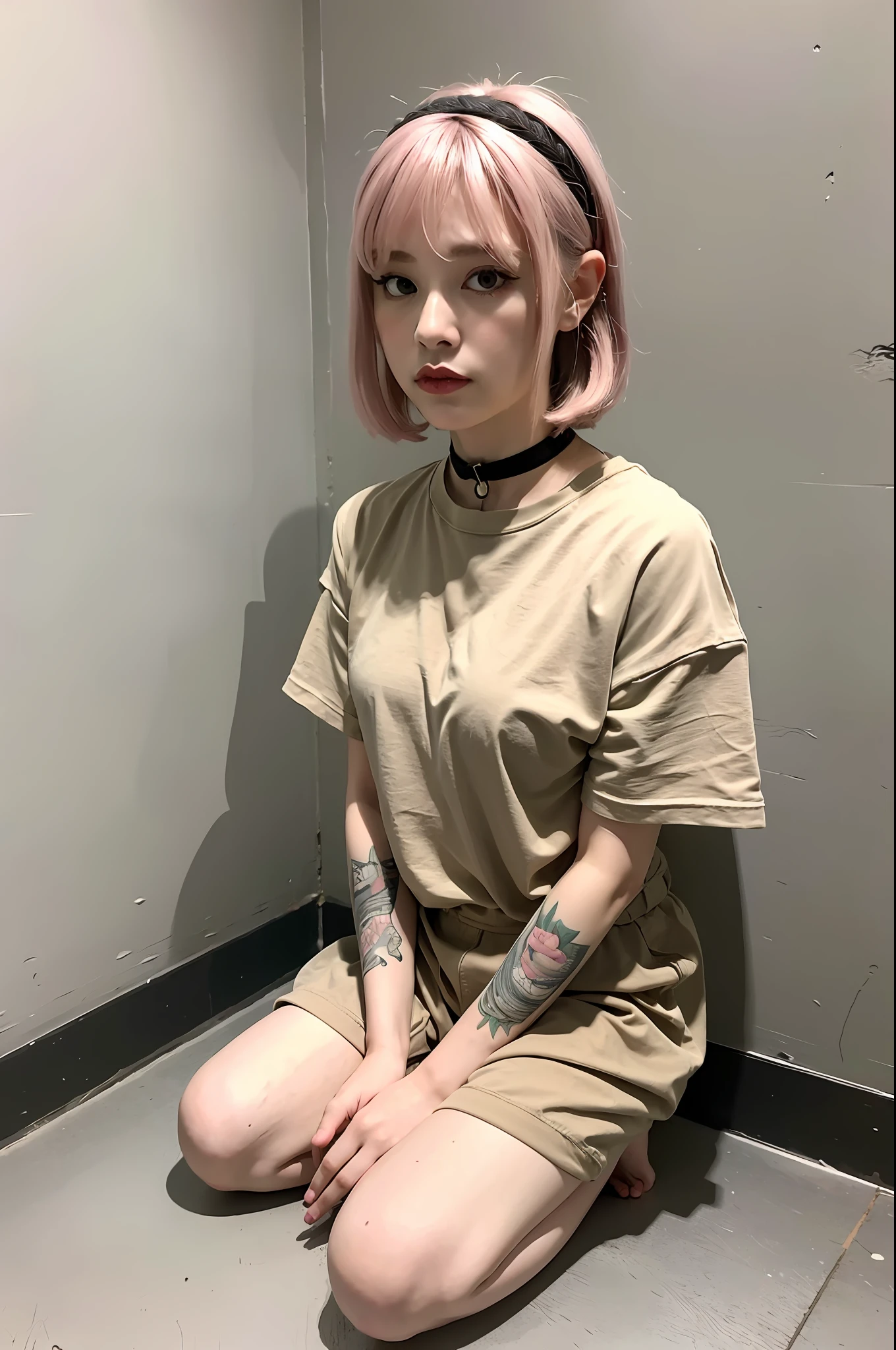 (8k:1.27), best quality, masterpiece, ultra highres:1.2), arrested lesbian goth delinquent girl with arm tattoos, tattooed girl, full body picture, beige oversized knotted prisoner t-shirt with black letters, short big sleeves, beige inmate prison uniform, beige short inmate pants, dyed pink hair, short bob hairstyle, high ponytail, hair bangs, kneeling in a prison cell, handcuffed, hands tied with rope behind body, submissive neck choker, dog collar and leash in neck, 4k or 8k picture, looking down sad, paisley bandana ribbon hairband, nose septum piercing, wearing dirty old clothes, smelly, barefoot, praying