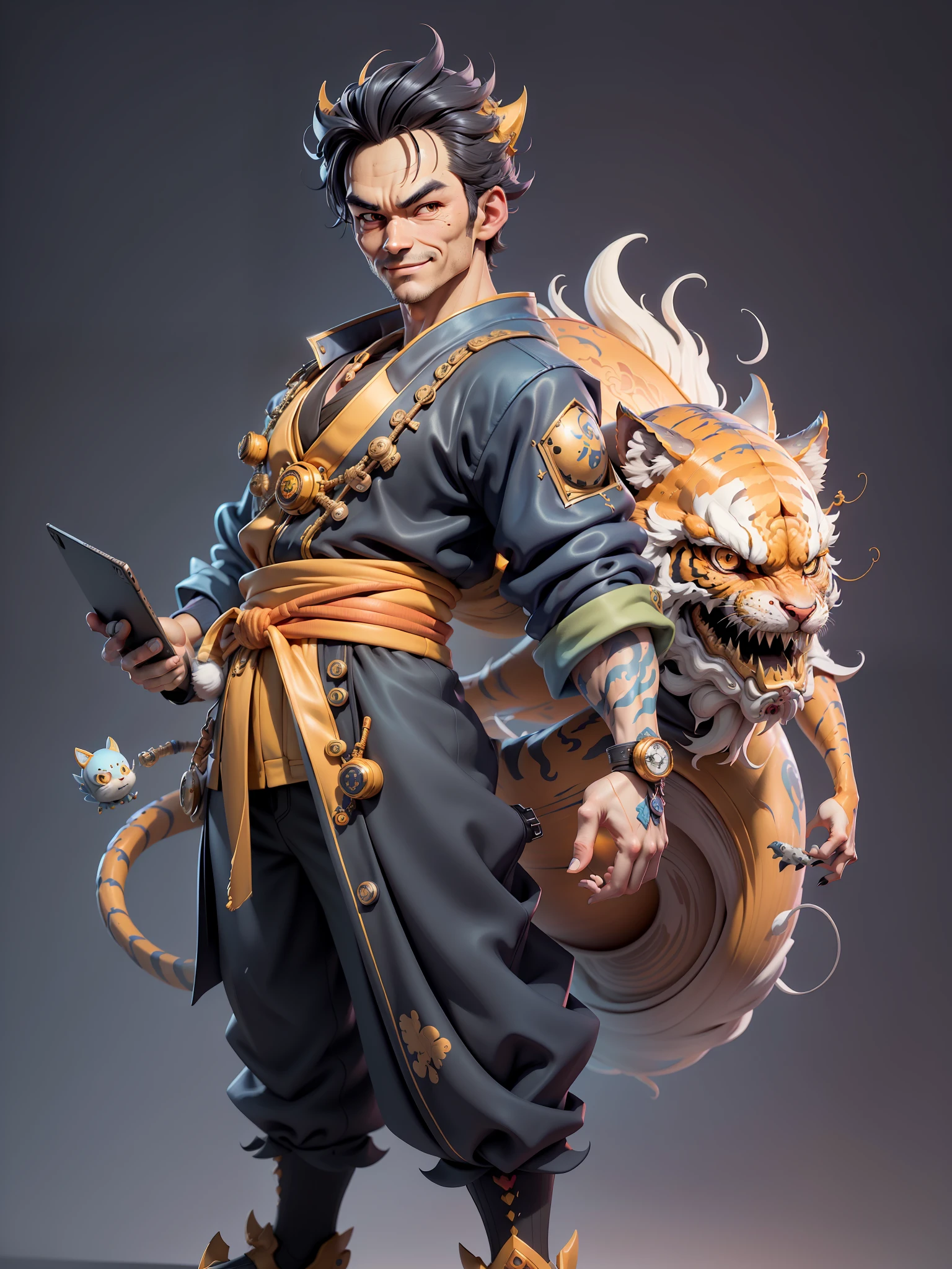 (Masterpiece), (Excellent), (Super Meticulous), (Full Body: 1.2), Super Young Man with Japanese Female Geisha, Beauty, Chinese Dragon, Tiger, Wind God Thor, Sexy, Bursting, Oriental Face, TV Anchor, Bust Portrait Illustration, Black Suit, Blue Tie, Slightly Chubby, Very Clean Face, No Beard, Black Super Short Hair, Black Eyes, Confident Smile, 3c Computer Sub-Products, iPad, iPhone, Digital Painting, 3D Character Design by Mark Claireden and Pixar and Hayao Miyazaki and Akira Toriyama, The illustration is a high-definition illustration in 4K resolution with very detailed facial features and cartoon-style visuals.