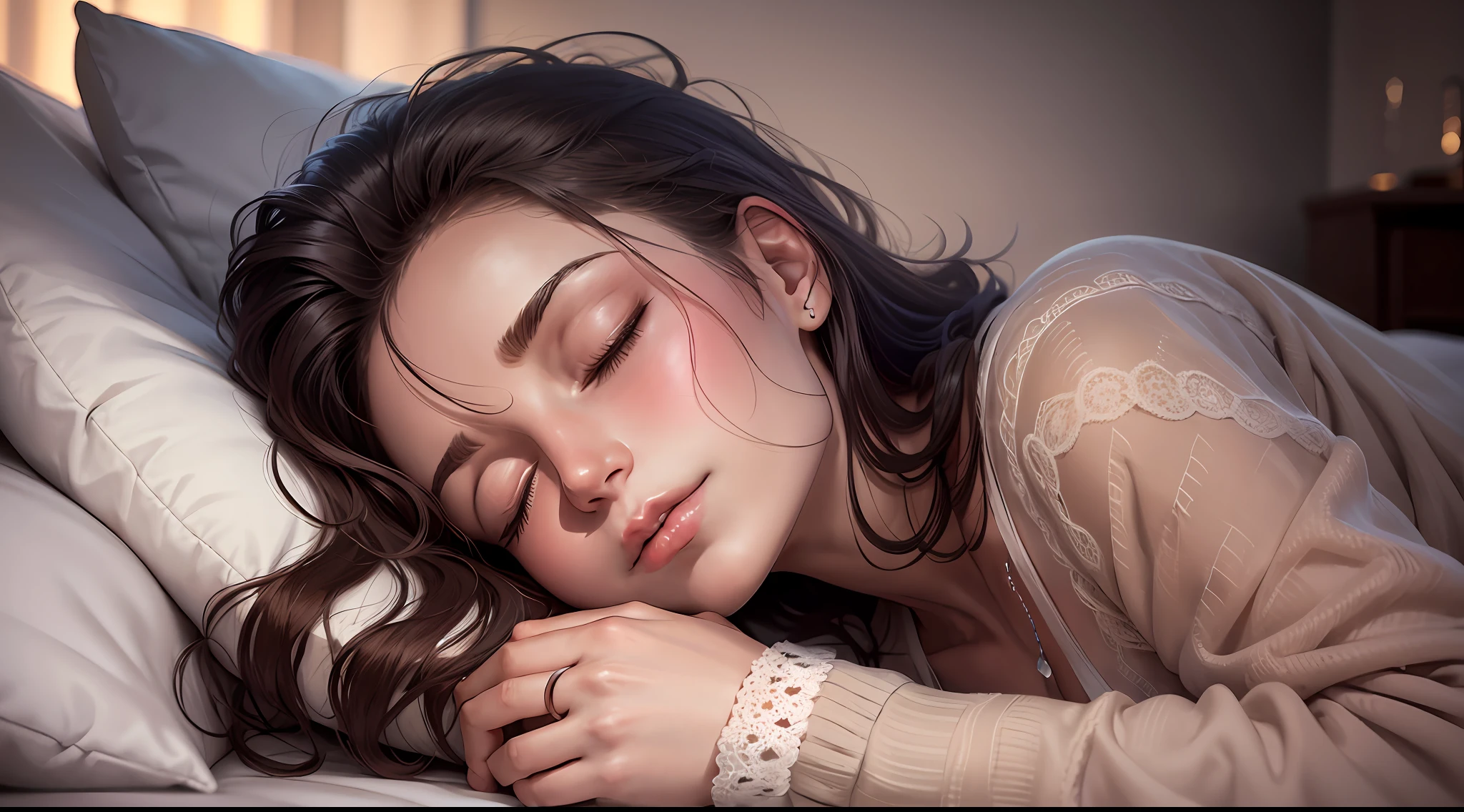 A woman sleeping in bed with her head on the pillow Stock photo, lying in bed, lying in bed, very tired woman, shutterstock, portrait of a woman sleeping, she is lying on her back, curled up under the covers, lying in bed, lying on a bed, at night --auto --s2