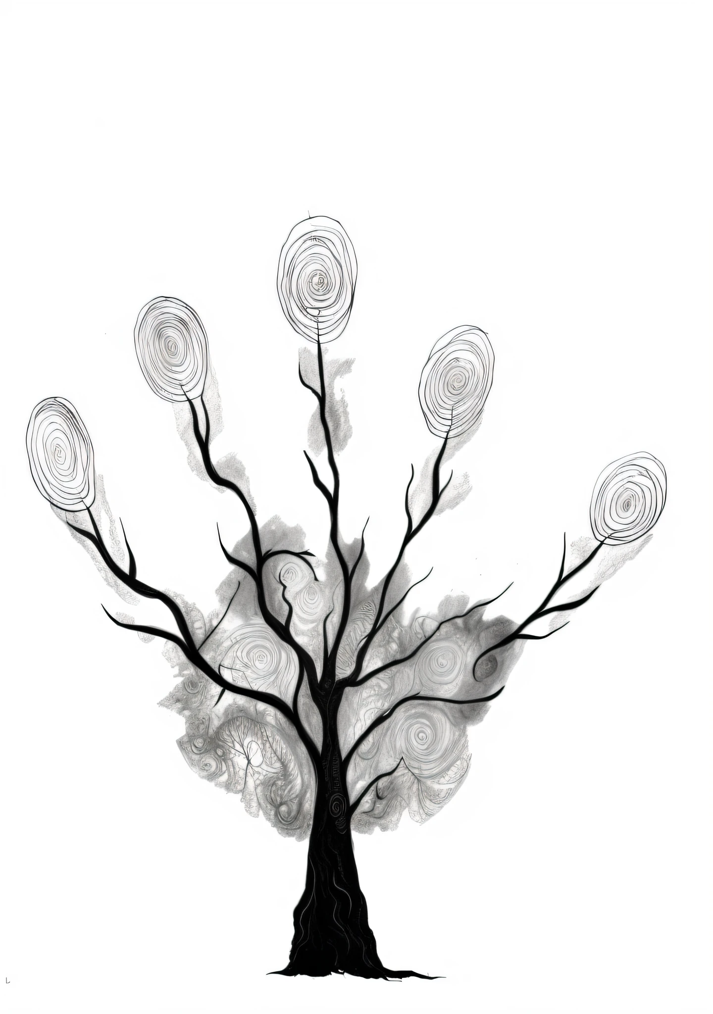 there is a drawing of a tree with swirly branches, collective civilization tree, tree of life seed of doubt, limbs, rooted lineage, in style of stanley donwood, numerous limbs, artistic illustration, tree's, alien trees, inky illustration, torchlight. sketch art. roots, tree of life brains, hand drawn illustration, concept illustration