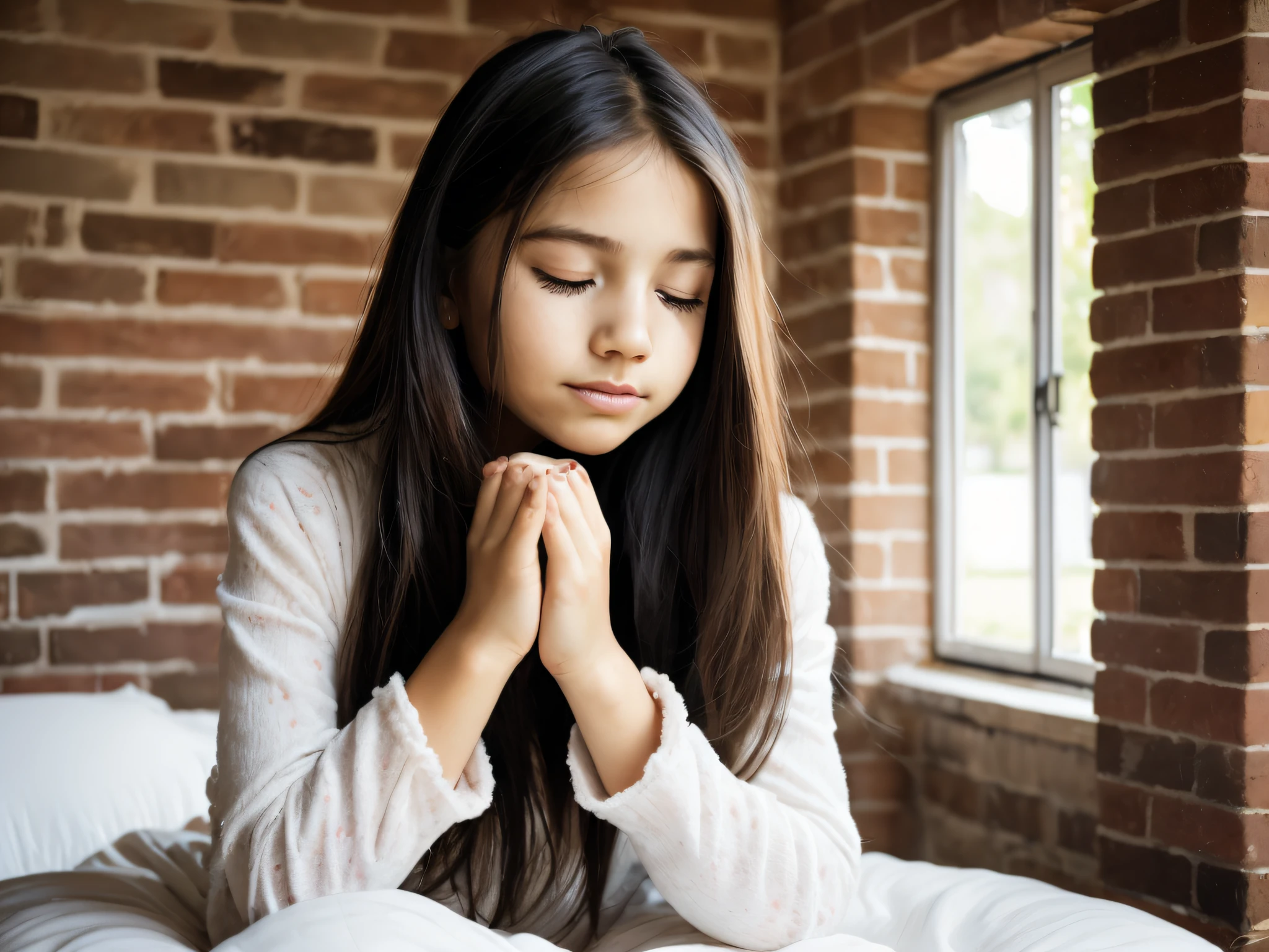 Portrait of a young girl of 14 years beautiful beautiful face perfect petit teen, she is happy, very beautiful Brazilian blonde, long black hair, praying eyes closed, in bed, (when humble, walls appearing the bricks, simple and old house, old pillows, very blurred background, clear: 1.2)