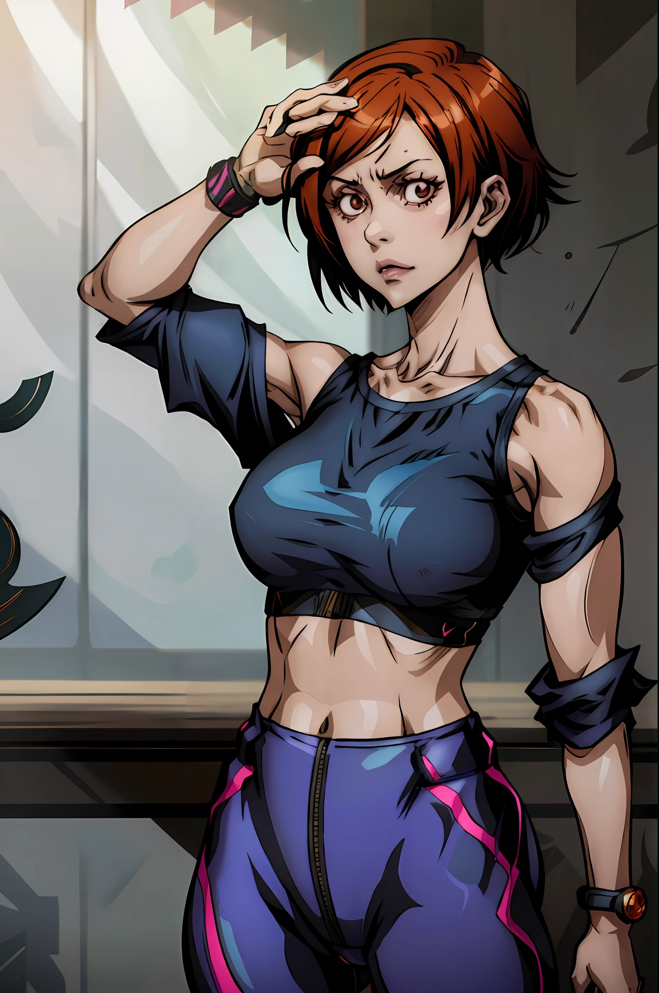 1girl, highres, sharp focus, pixiv masterpiece, (((intricate details)), highly detailed, one eye, detailed eyes, fair skin, short hair, Nobara Kugisaki de jujutsu kaisen, nobara,costume: sportswear, leggings, sports bra, joy ride style, ilya kuvshinov,Anime Moe Artstyle, Female anime character, Anime character,