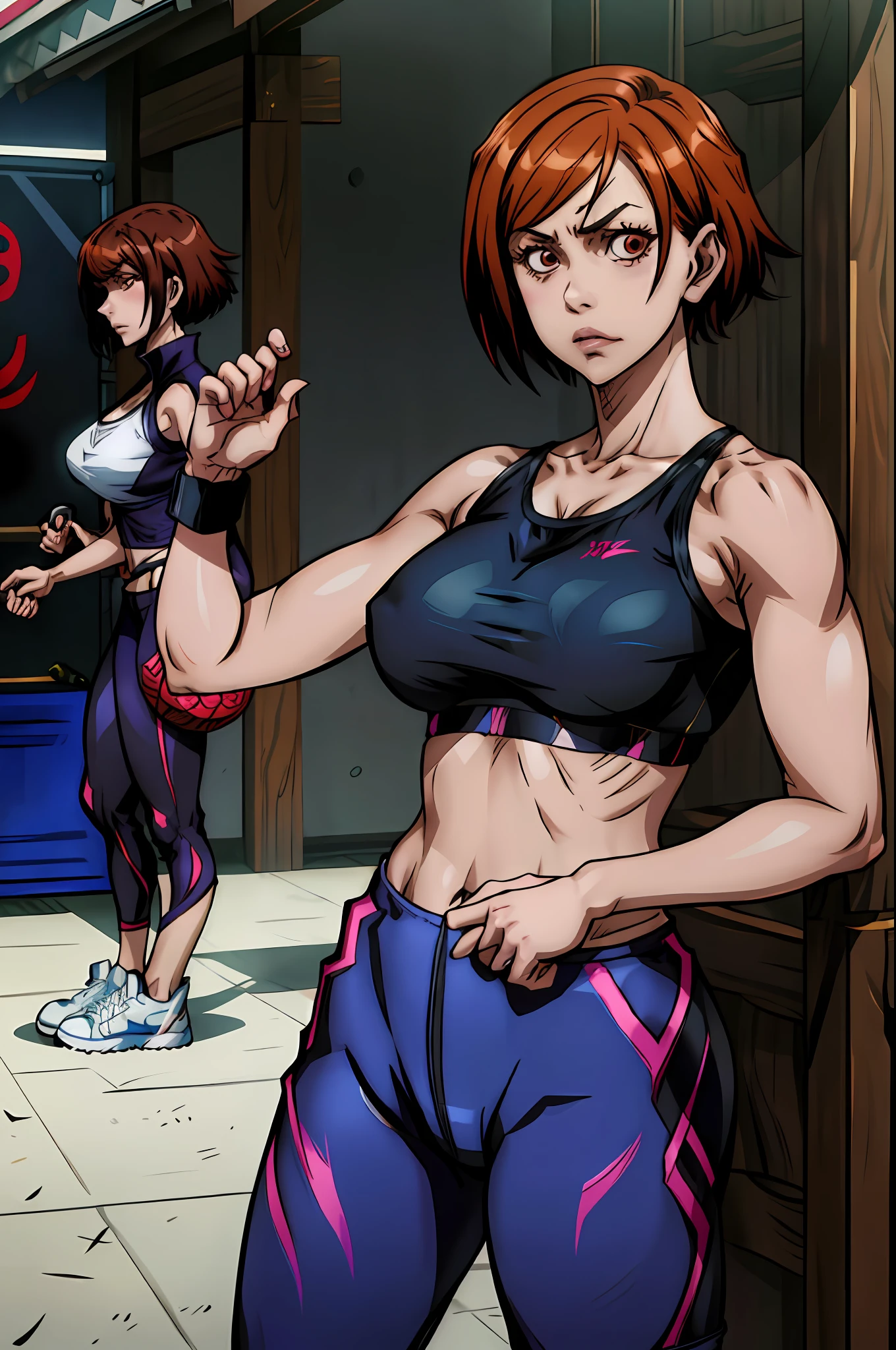 1girl, highres, sharp focus, pixiv masterpiece, (((intricate details)), highly detailed, one eye, detailed eyes, fair skin, short hair, Nobara Kugisaki de jujutsu kaisen, nobara,costume: sportswear, leggings, sports bra, joy ride style, ilya kuvshinov,Anime Moe Artstyle, Female anime character, Anime character,