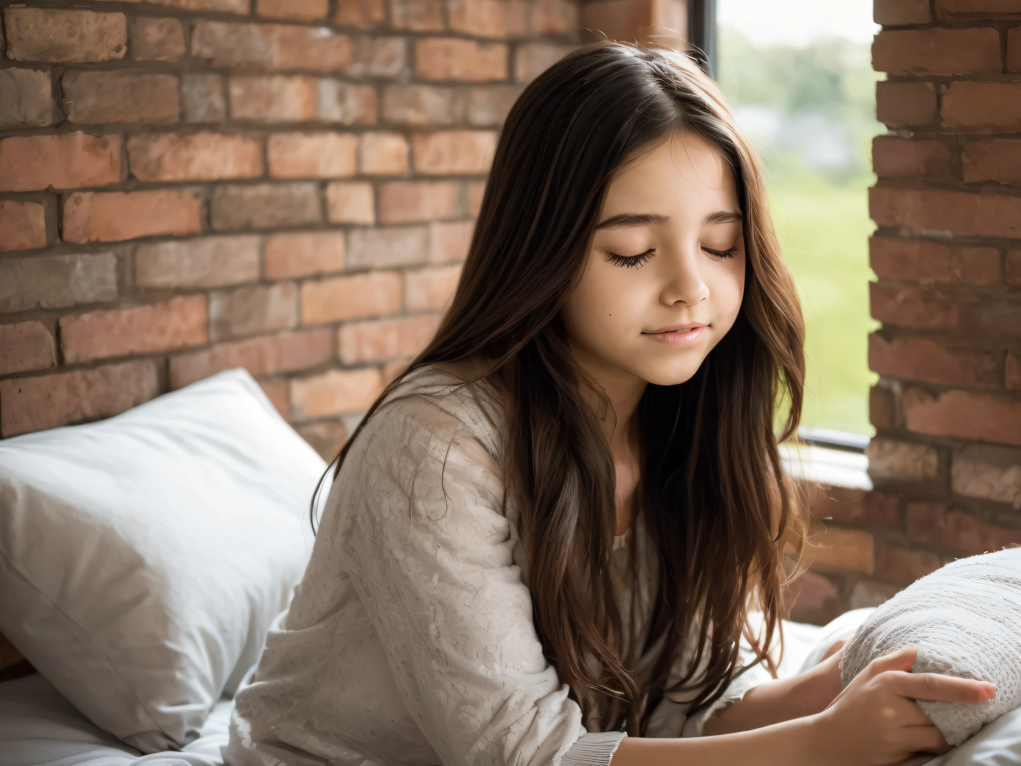 Portrait of a young girl of beautiful beautiful face perfect petit te she ippy, very beautiful Brazilian blonde, long black hair, praying eyes closed, in bed, (when humble, walls appearing the bricks, simple and old house, old pillows, very blurred background, clear: 1.2)