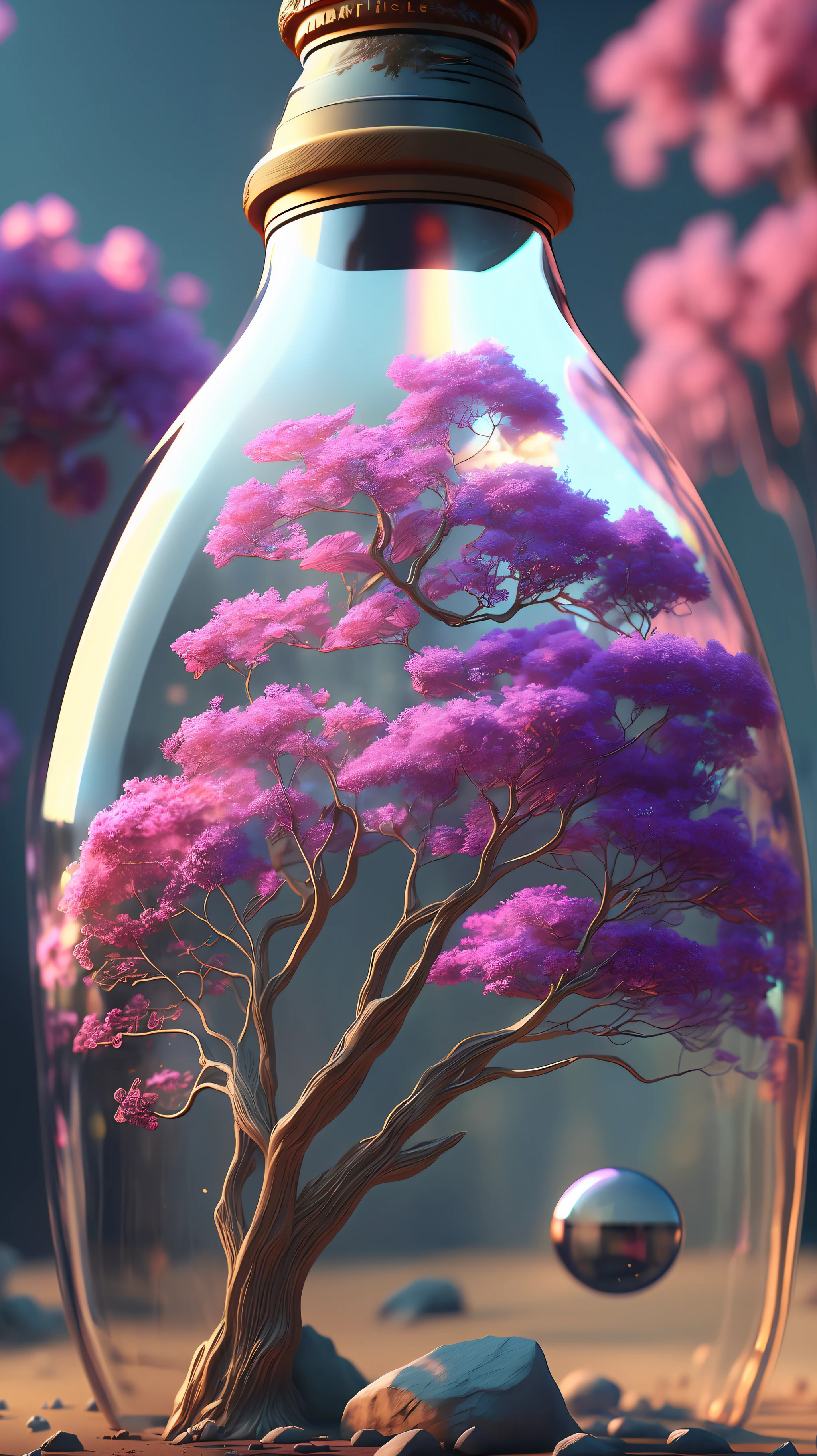 A dreamy tree of art in a bottle, fluffy, realistic, photographs, Canon, dreamy, artistic, brilliant leaves and branches, with flowers above my head. Greg Rutkowski's Ultra Detailed Photo Realism - H1024W 804 | F16 Lens Markers 2:2S 3555mm Film Particles: 1 Lifelike High Resolution Sharp Focus Contrast!! Intricate and detailed atmospheric refractive lighting of Unreal Engine 5 movie concept photography masterpiece Octane renders trends on CGSociety