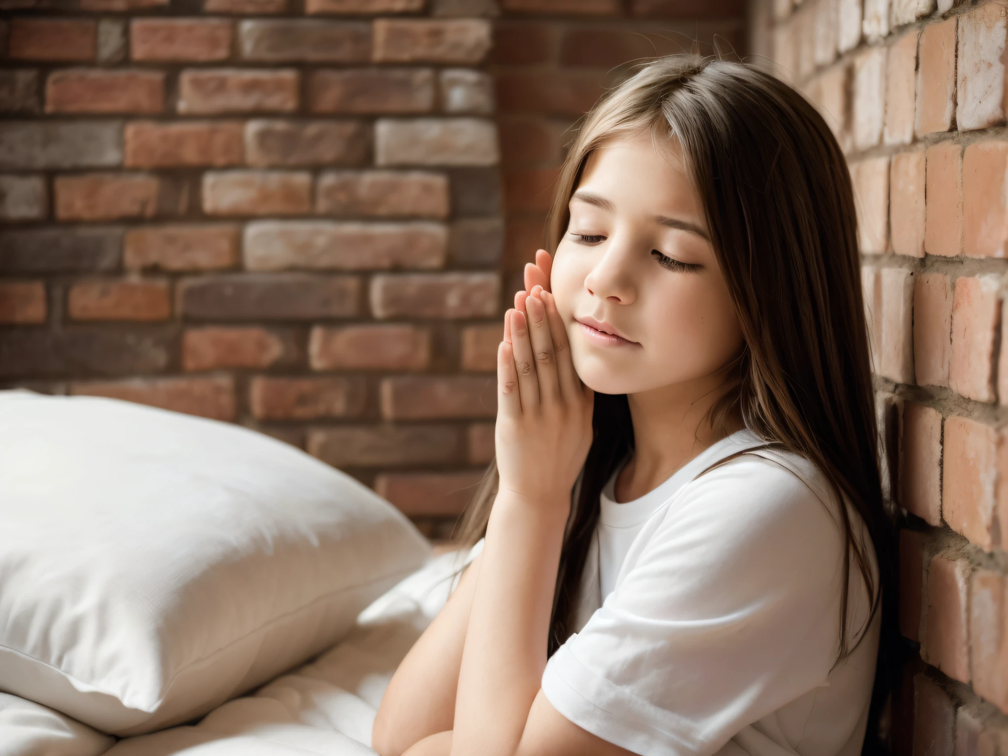 Portrait of a young girl of 14 years beautiful beautiful face perfect petit teen, she is happy, very beautiful Brazilian blonde, long black hair, praying eyes closed, in bed, (when humble, walls appearing the bricks, simple and old house, old pillows, very blurred background, clear: 1.2)