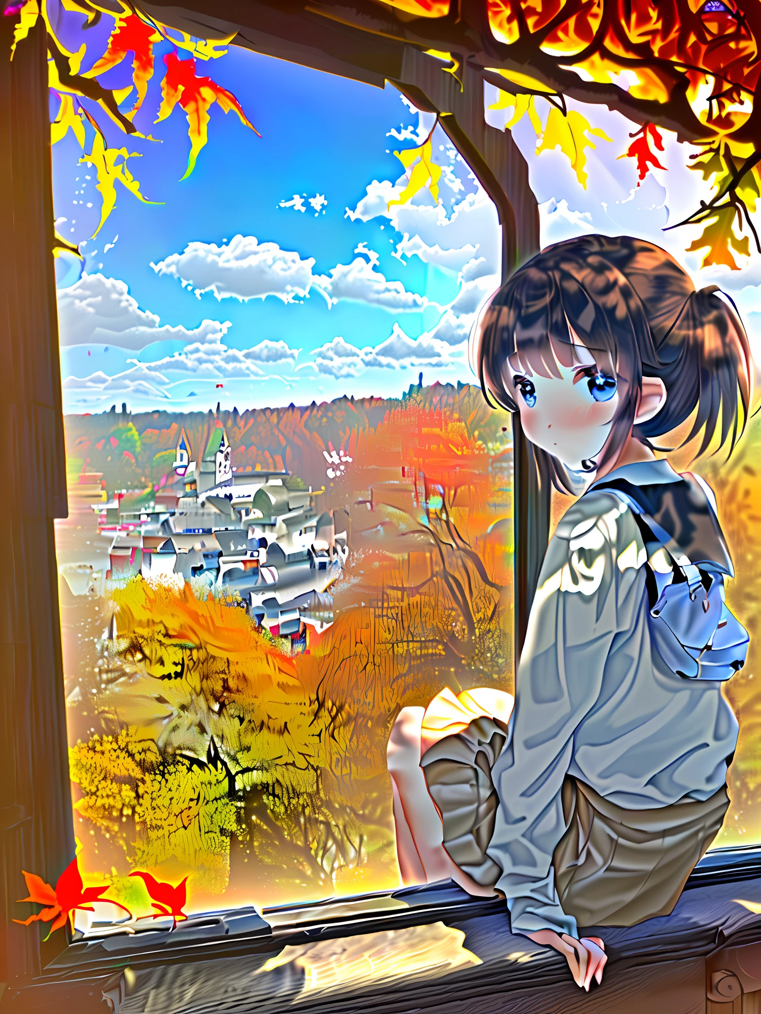 Absurd, masterpiece, high resolution, cinema, full HD, 8k, intricate details, ultra-detailed, illustration, falling leaves drifting past my window, autumn leaves are red and golden, on the road, father riding a bicycle to take his son home, pale hair, it seems that the father is a little old, the son is sitting behind with a schoolbag watching "Hans Christian Andersen's Fairy Tale"