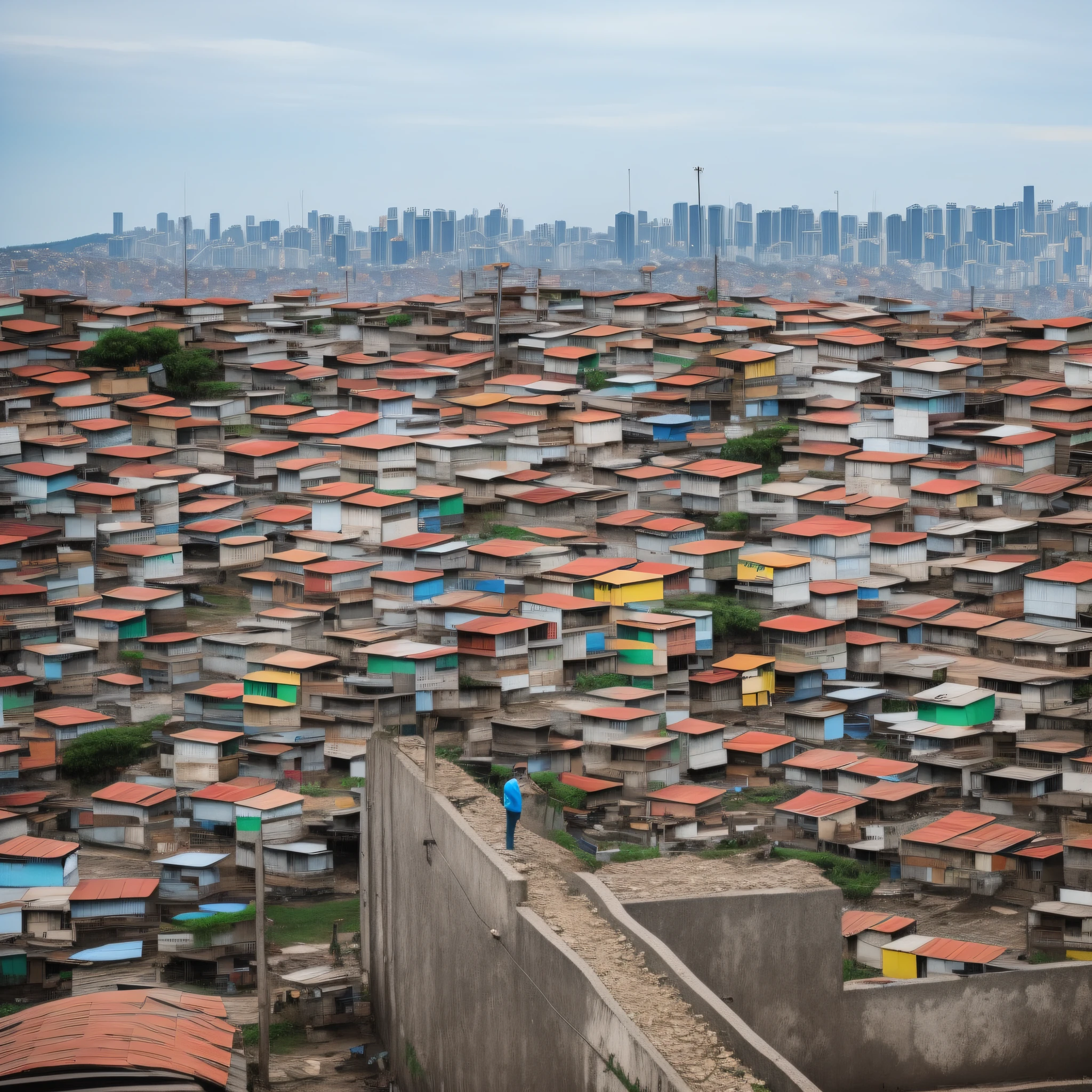 arafed man standing on a hill overlooking a city, with a city in the background, location ( favela ), location ( favela _ wall ), city in the background, favelas, walking on top of a tiny city, city in background, favela, town in the background, urban in background, outlive streetwear collection, standing on rooftop, city backdrop