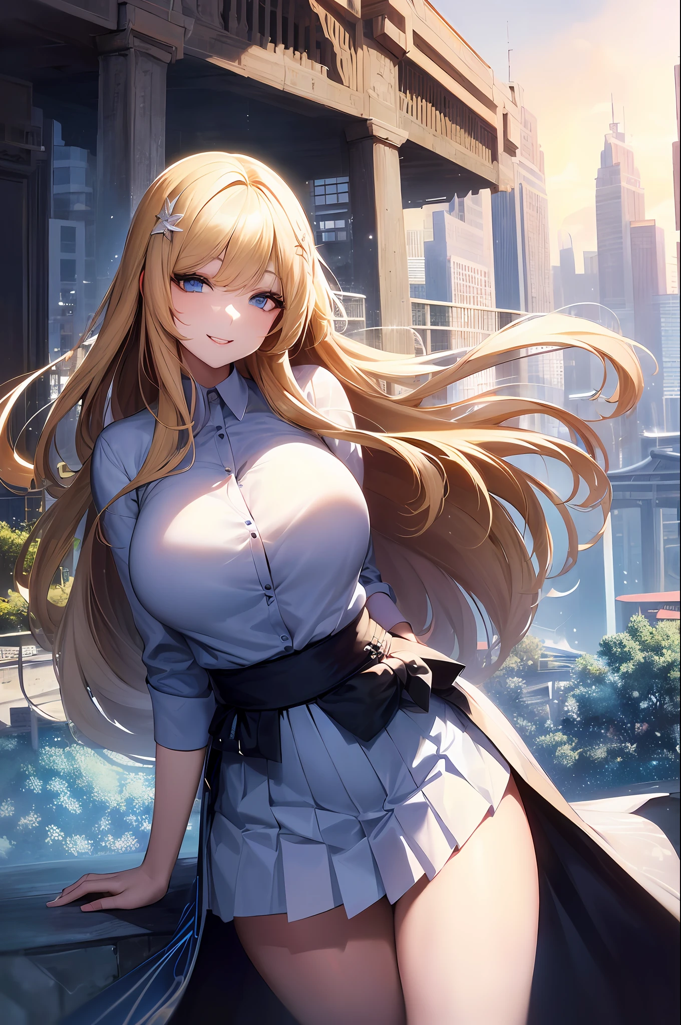 official art, masterpiece, sharp focus, (beautiful, beautiful and cute Korean woman: 1.3), (beautiful and cute Korean: 1.3), Korean beauty, hair and eyes and face delicate and beautiful, realistic, ultra detailed, beautiful girl, blue sky, bright white particle, (side lighting: 1.2), sunlight, white cloud, detailed clouds, slender, lovely very large breasts and very large hips,  smile with teeth, ((smile with eyes, open both eyes)), scenery, long straight hair, sexy facial expression, construction, (cityscape: 1.7), dynamic hair, long straight hair, detailed blonde hair, bright blue eyes, (blue pleated shirts + white skirt), long white socks, pale skin, hair ornament, epic scenery ,