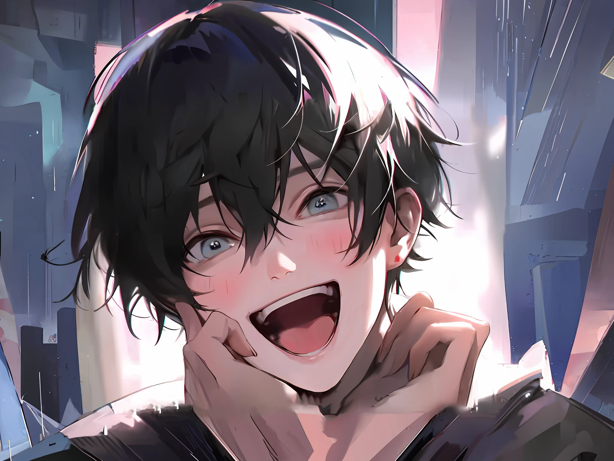 anime boy with black hair and blue eyes smiling in the rain, [[[[grinning evily]]]], grinning lasciviously, insane smile, smileing nright, tall anime guy with blue eyes, he is smiling, anime boy, perfect anime face, cute anime face, grinning, smiling amazed, aaaaaaaaaaaaaaaaaaaaaa