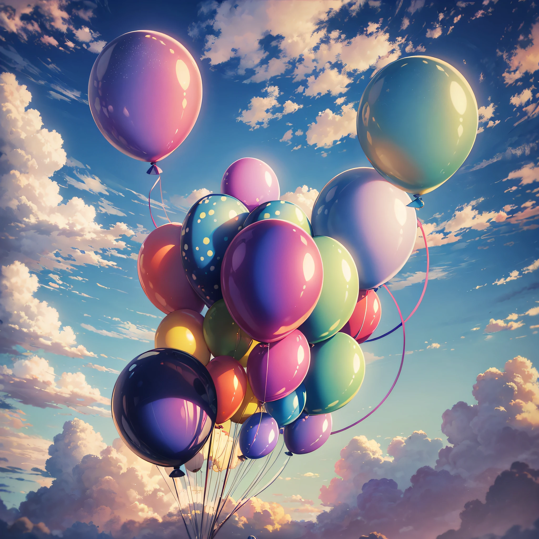 Full screen balloons, colorful balloons, large and small, many balloons floating in the air, blue sky, a few white clouds, no one, looking up,