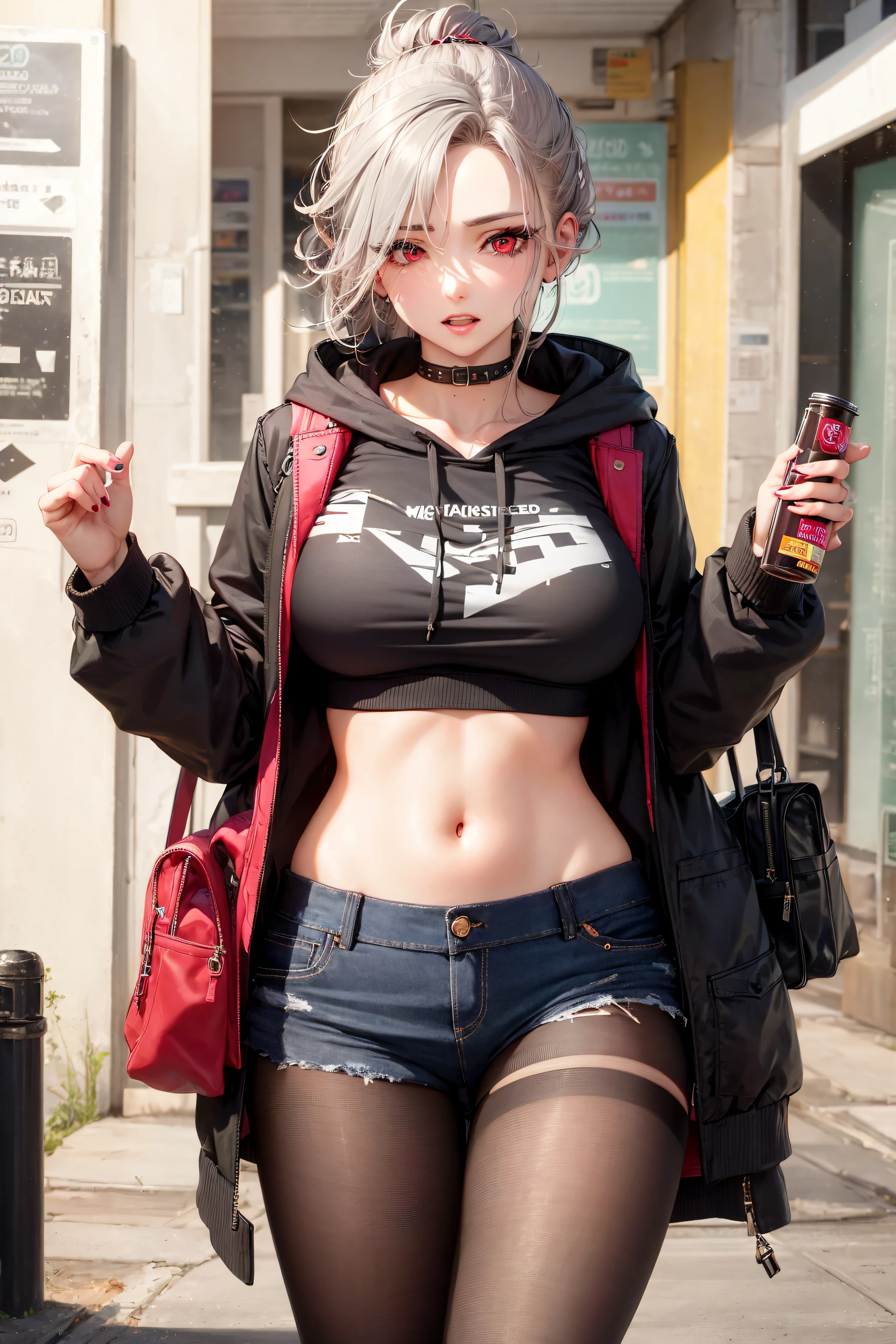 ash grey hair, updo hairstyle, streaks of hair in face, red eyes, mascara, oversized hoodie, midriff, hot pants, tights, bags under eyes, saggy tits, chocker, goth girlfriend, hyper realistic,  raw photography, 8k, masterwork,