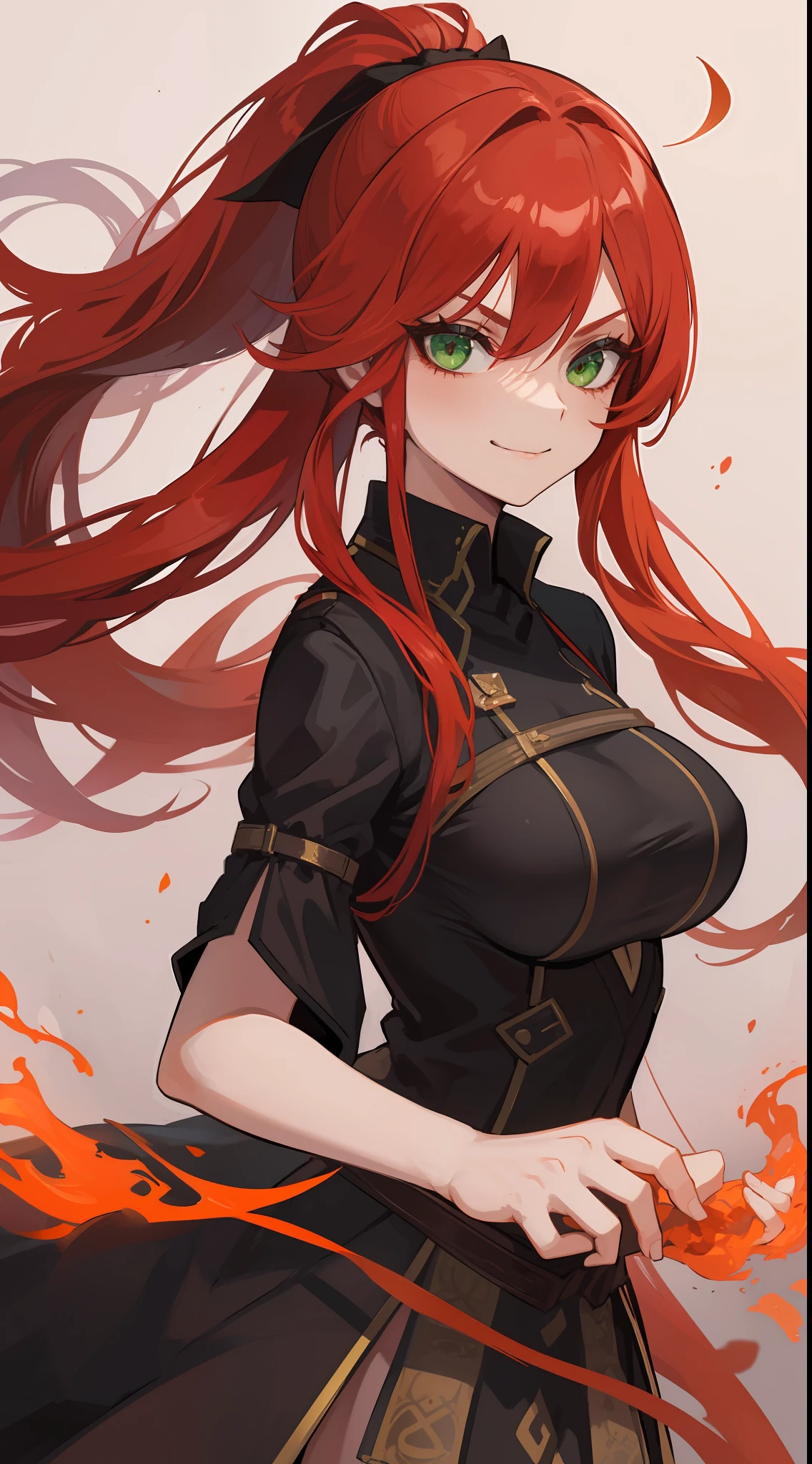 1mature girl, red long flowing hair ponytails, green eyes, emitting fire from her hands, wearing a witch girl uniform and medium boobs. {{Evil smirk or smile}}
