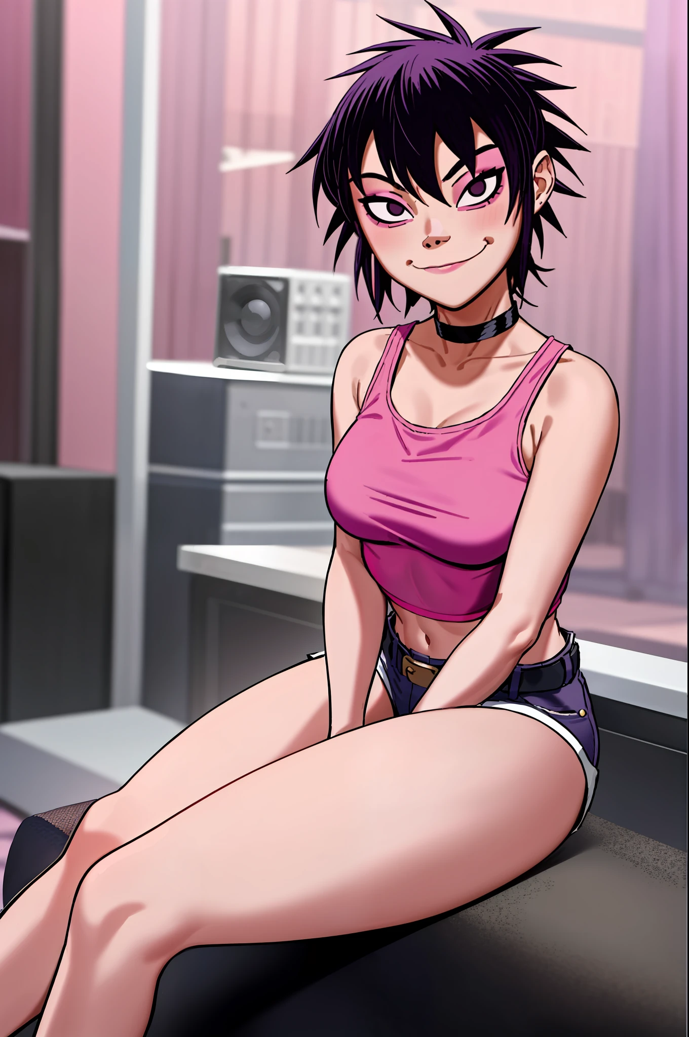 noodle (gorillaz), masterpiece, best quality, hair between eyes, purple hair, choker, belt, blush, looking at viewer, bangs, fishnets, pink crop top, taking off shirt, solo, blue hair, makeup, short hair, portrait, black eyes, small breasts, blush, sexual expression, seductive smile, hair covering eyes, high heels, 5 fingers, hands on breasts, sitting on knees, breasts tease, detailed music studio background, denim shorts, detailed tummy, pink eye shadow, sfw