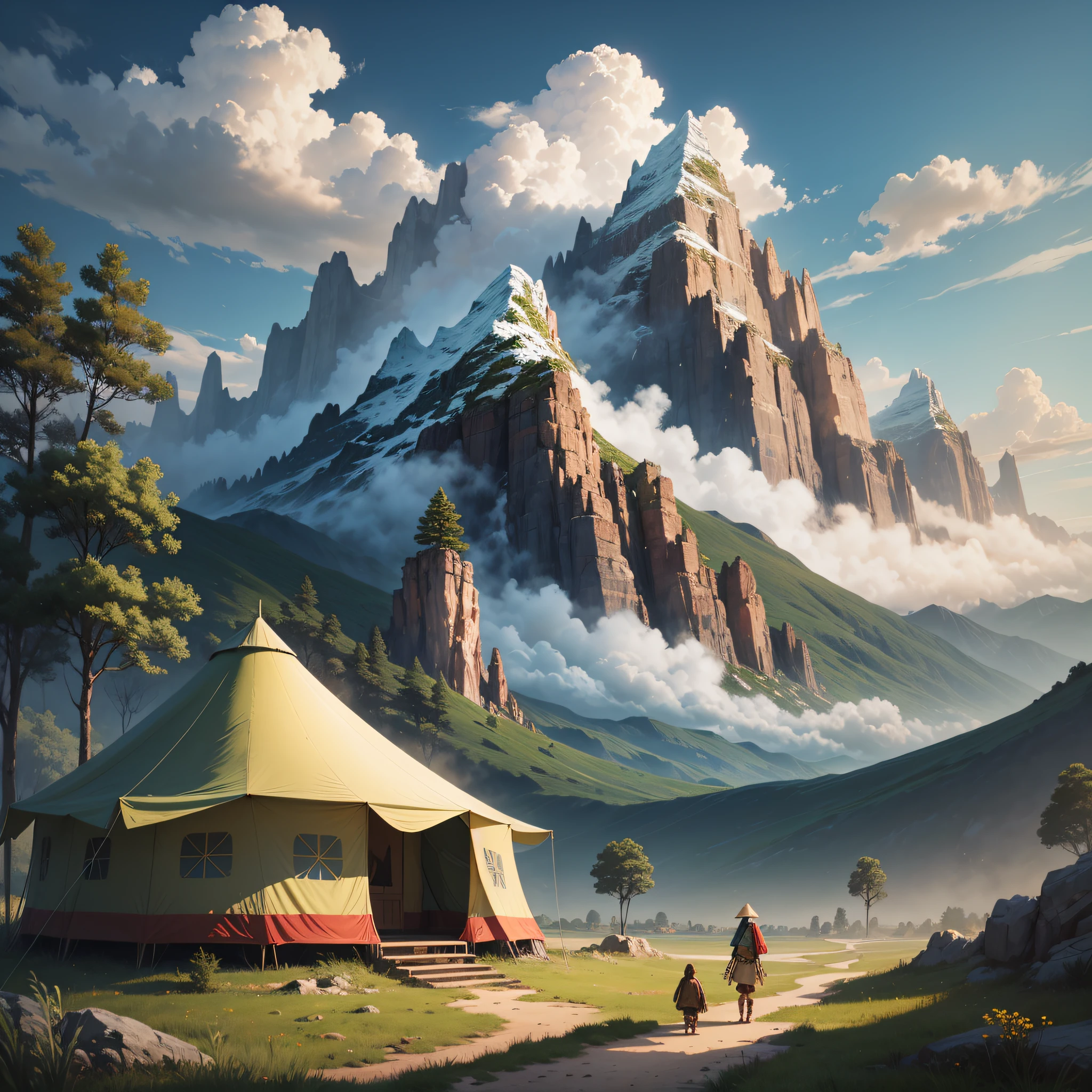 concept art, samia, tree, landscape, cloud, outdoor, tent, tribe, sky, sky, sky, mountain, grass, nature, mksks style, best quality, perfect --auto --s2