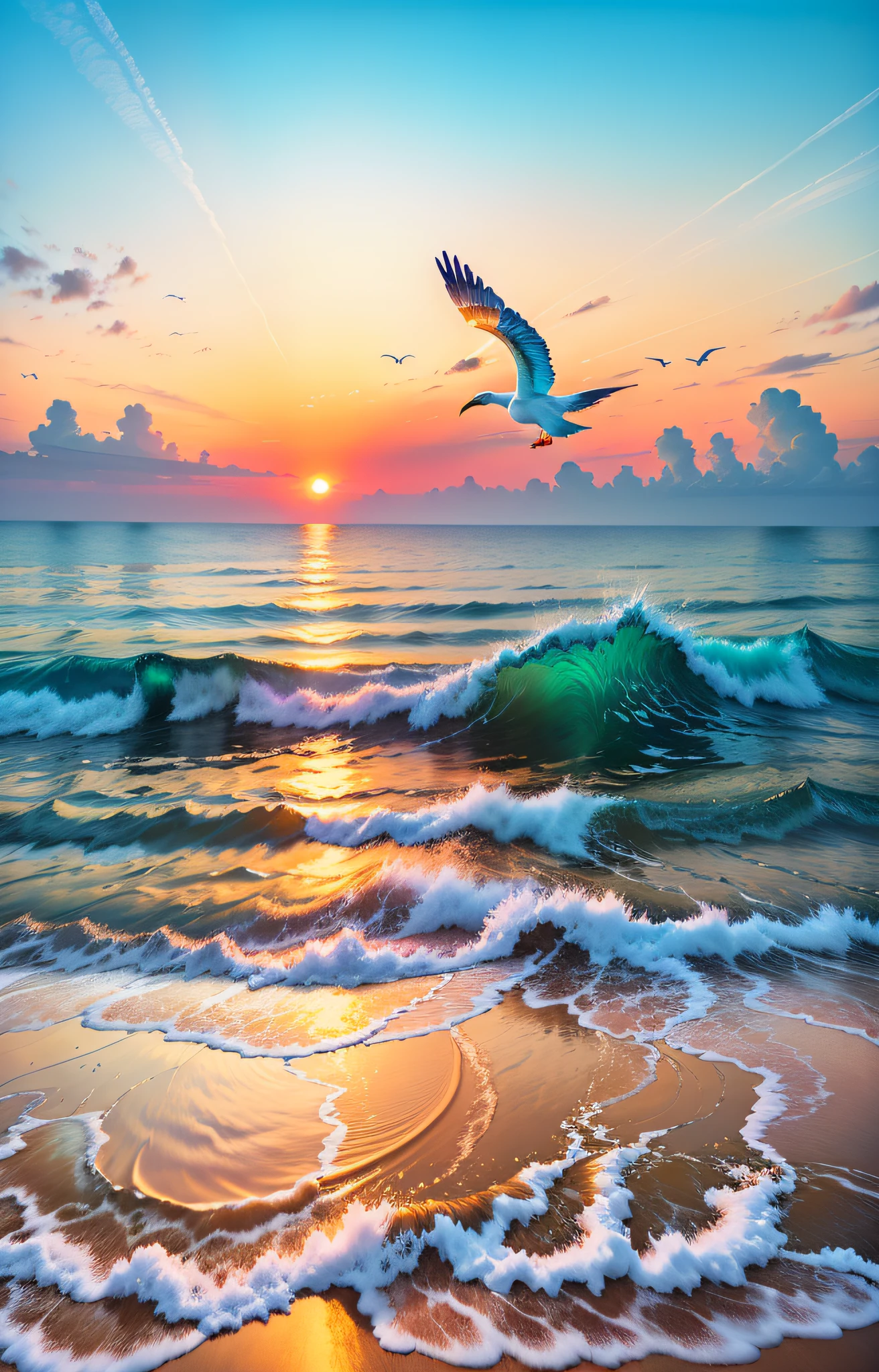 (Stunning Nature Picture: 1.2), (Harmony Style: 0.95), (Layered: 1.3), (Romantic Sunset: 1.2), (Clear Waves: 1.1), (Tranquil Beach: 1.1), (Action: 1.15), (Flock of Colorful Birds Soaring High in the Sky: 1.1), (Palm Trees Swaying: 1.1), (Calm Atmosphere: 1.1).