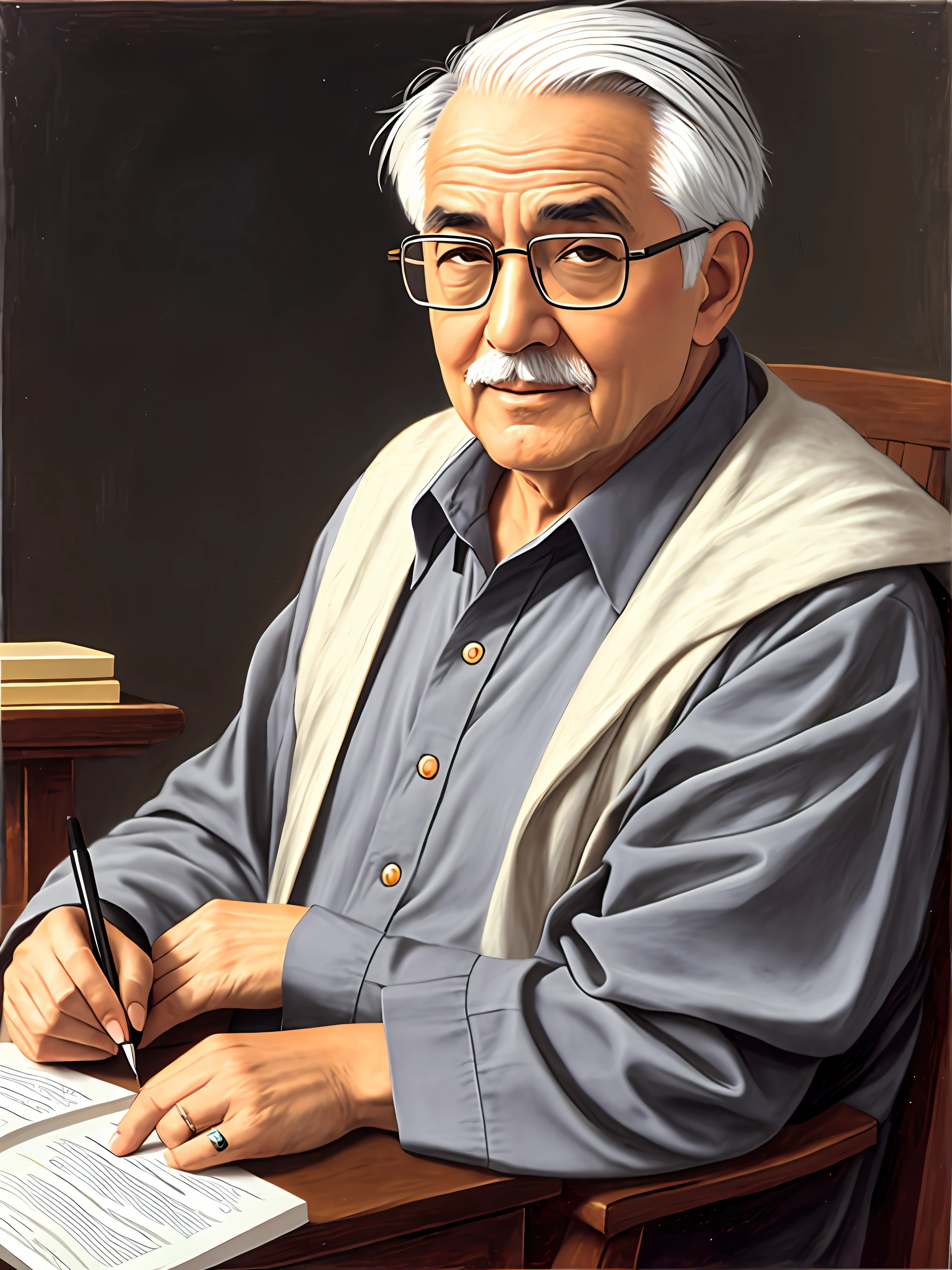 Wise scholar, square figure, old man with gray hair, wearing glasses