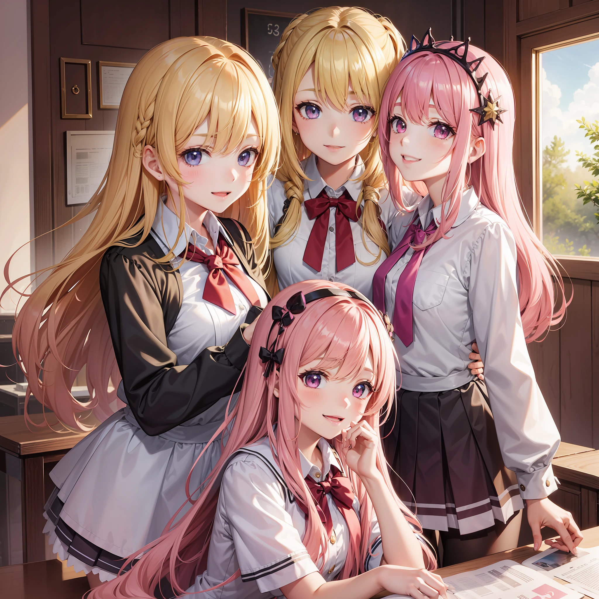 Harem Multiple Girls School Uniform Smiling Long Hair Best Quality Masterpiece Blonde Pink Hair Future