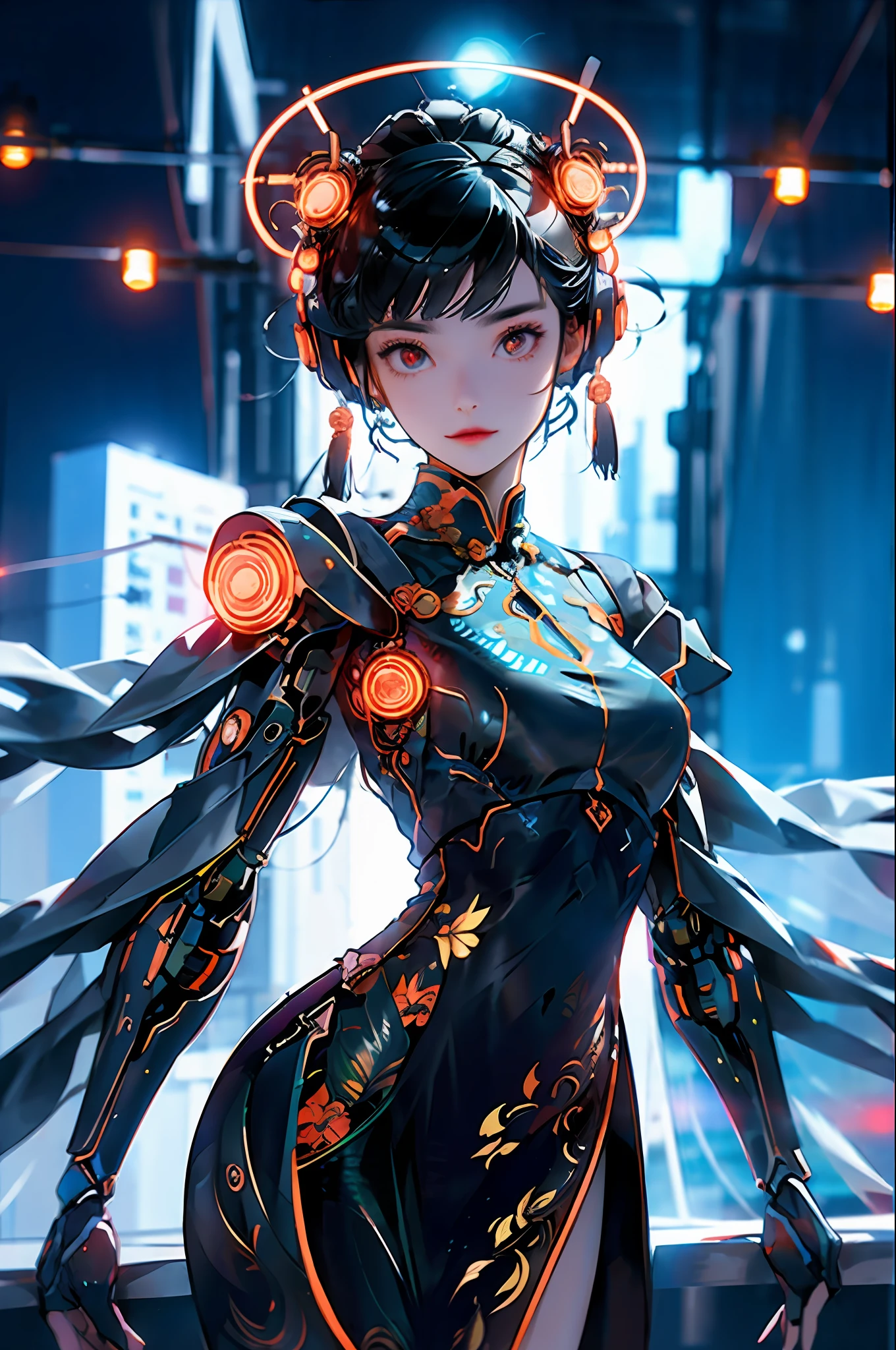 1 girl, Chinese_clothes, white and orange, cyberhan, cheongsam, cyberpunk city, dynamic pose, glowing headphones, glowing hair accessories, long hair, glowing earrings, glowing necklace, cyberpunk, high-tech city, full of mechanical and futuristic elements, futuristic, technology, glowing neon, orange, orange light, transparent tulle, transparent streamers, laser, digital background urban sky, big moon, with vehicles, best quality, masterpiece, 8K, character edge light, super high detail, High quality, the most beautiful woman in man, smiling slightly