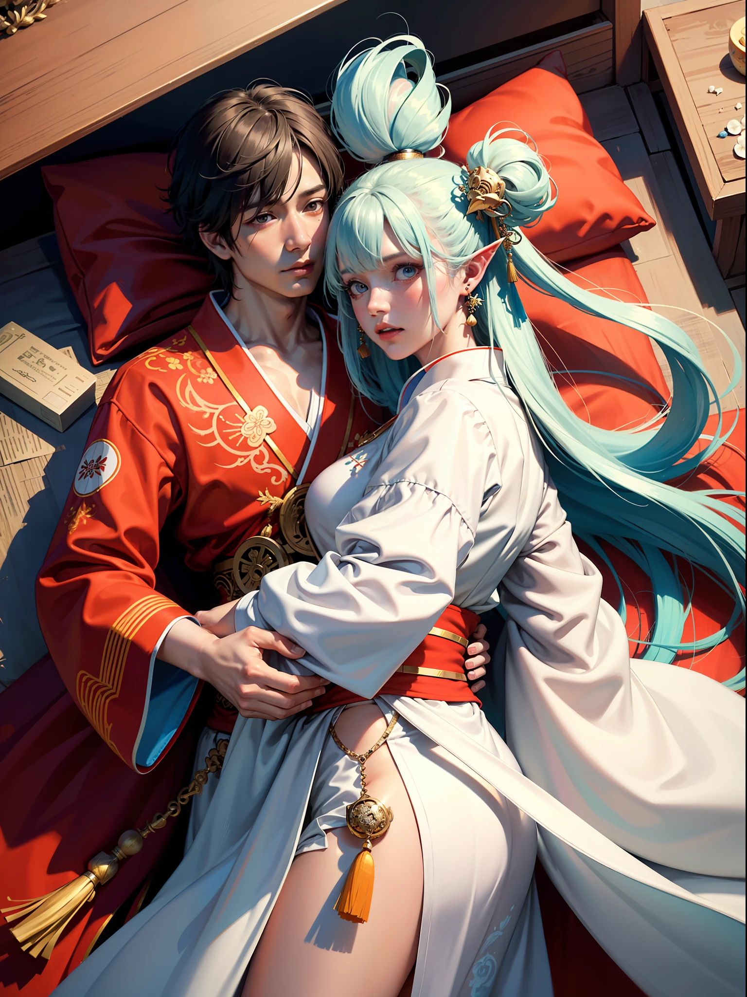 Concept Art, "1 Couple, Male Focus, Fin Ears, Multicolored Hair, Handsome Boy, Long White Hair, Tassels, Bangs, Carp, Colorful, Bold Colors, White Kimono, (Open) Kimono, Traditional Chinese Clothing, Close-up, Intimate Interaction in Bed, Stud Earrings, Rings, Sweat, Illuminate People", Colorful, Master Composition, Focus on Key Figures, Realism, Masterpiece, Award-Standing, Best Quality, Masterpiece, Ultra Detailed, 8K, Extremely Detailed CG Unity 8k wallpaper, complex, highly detailedrealistic