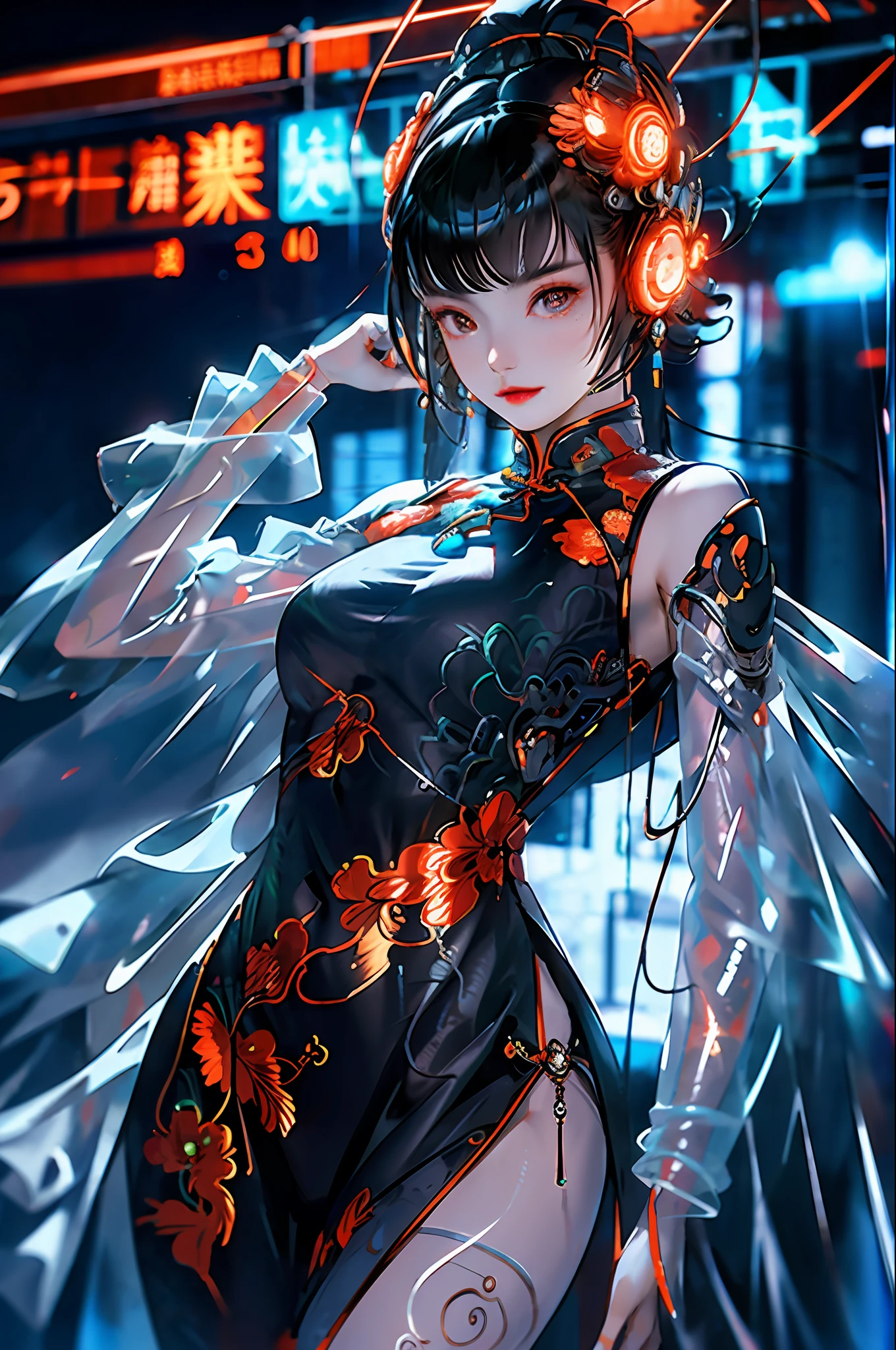 1 girl, Chinese_clothes, white and orange, cyberhan, cheongsam, cyberpunk city, dynamic pose, glowing headphones, glowing hair accessories, long hair, glowing earrings, glowing necklace, cyberpunk, high-tech city, full of mechanical and futuristic elements, futuristic, technology, glowing neon, orange, orange light, transparent tulle, transparent streamers, laser, digital background urban sky, big moon, with vehicles, best quality, masterpiece, 8K, character edge light, super high detail, High quality, the most beautiful woman in man, smiling slightly