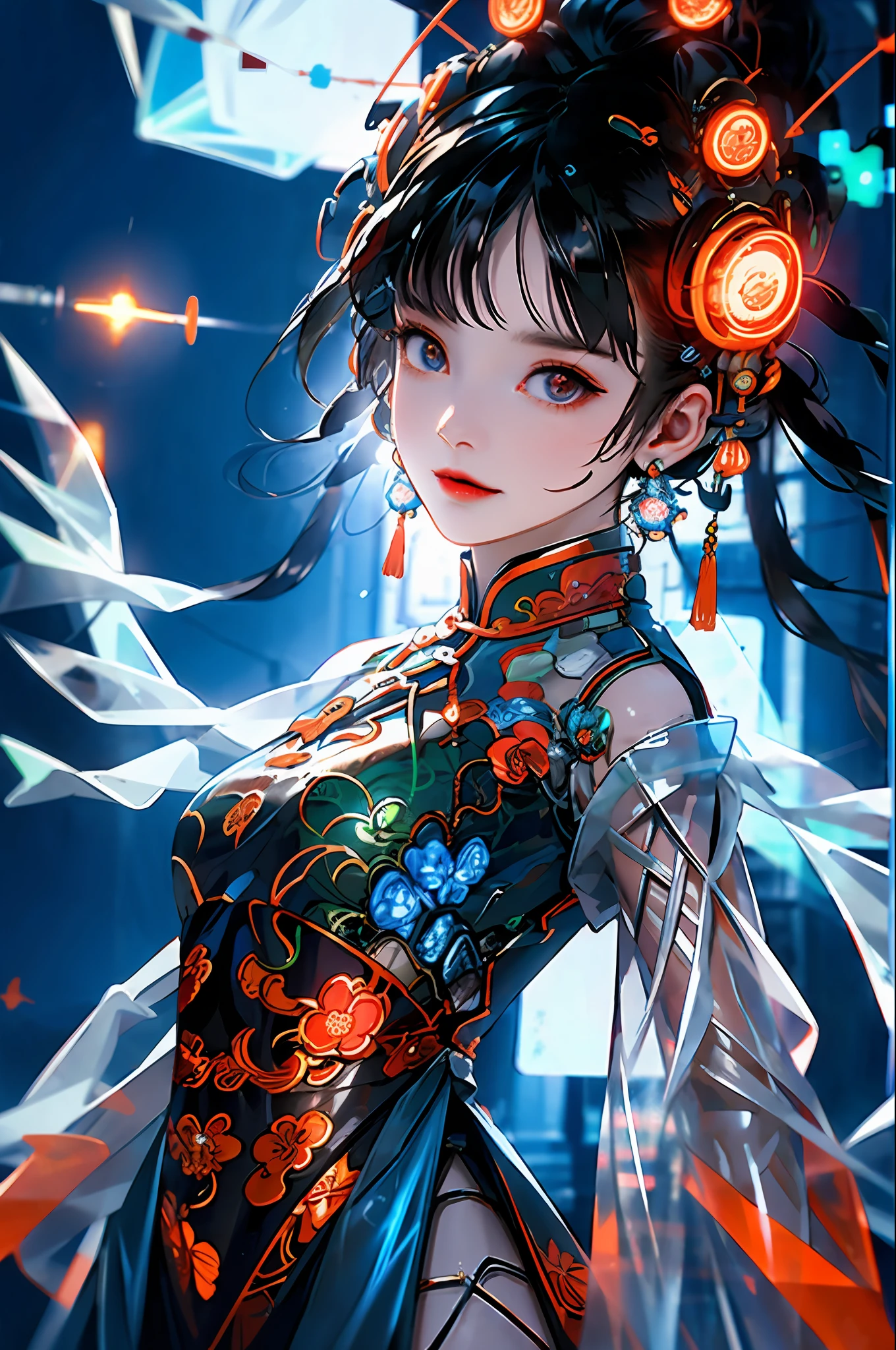 1 girl, Chinese_clothes, white and orange, cyberhan, cheongsam, cyberpunk city, dynamic pose, glowing headphones, glowing hair accessories, long hair, glowing earrings, glowing necklace, cyberpunk, high-tech city, full of mechanical and futuristic elements, futuristic, technology, glowing neon, orange, orange light, transparent tulle, transparent streamers, laser, digital background urban sky, big moon, with vehicles, best quality, masterpiece, 8K, character edge light, super high detail, High quality, the most beautiful woman in man, smiling slightly