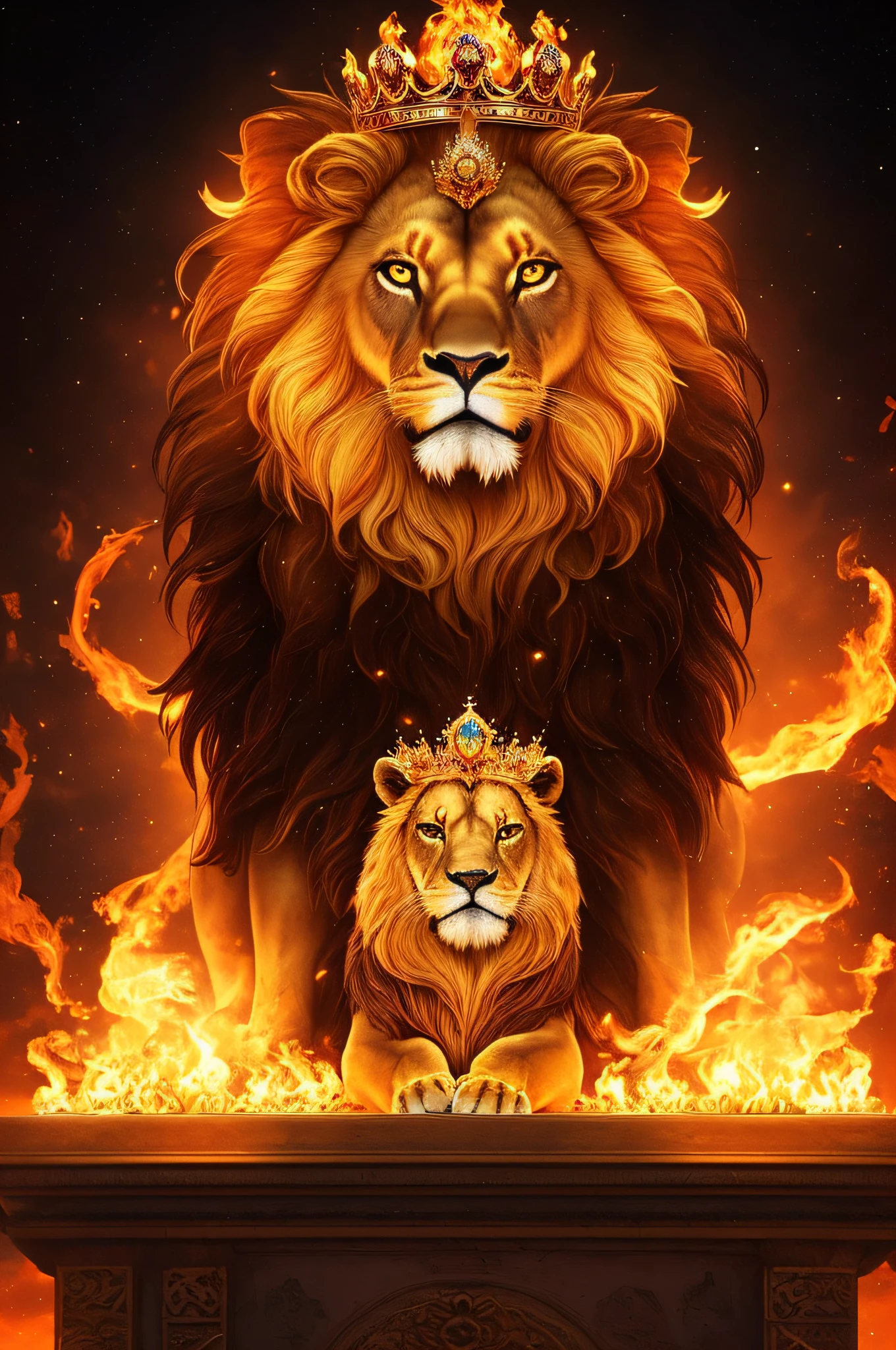 A royale King Lion full boby, galaxy background, magical 3D, full resolution RTX style with flaming eyes sitting on a throne, with a king's crown, captured through Photography with a 35 mm lens. Inspired by the art of National Geographic photographers, the scene depicts the majestic lion, majestic and powerful. The color temperature is warm, with golden tones enhancing the lion's grandeur. The lion's eyes burn with intense flames, emanating a sense of authority and dominance. The lighting casts dramatic shadows, creating a captivating, symmetrical, full body, big angle, rtx atmosphere