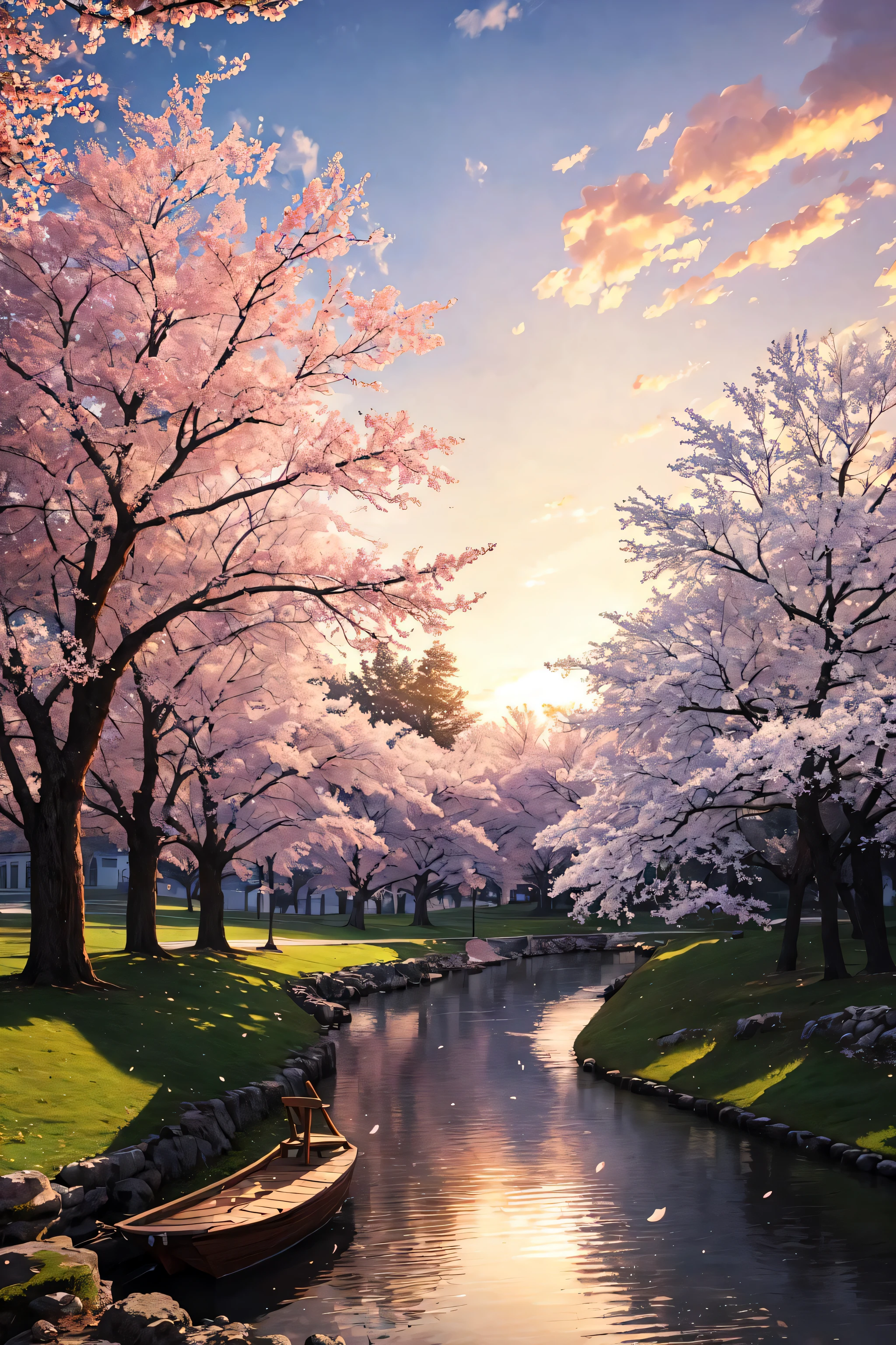 (masterpiece, best quality:1.2), ultra detailed, cinematic lighting, HDR, ilustration, park,river,1chair, sunrise,  cherry blossom, impressive, chill, inspirational,