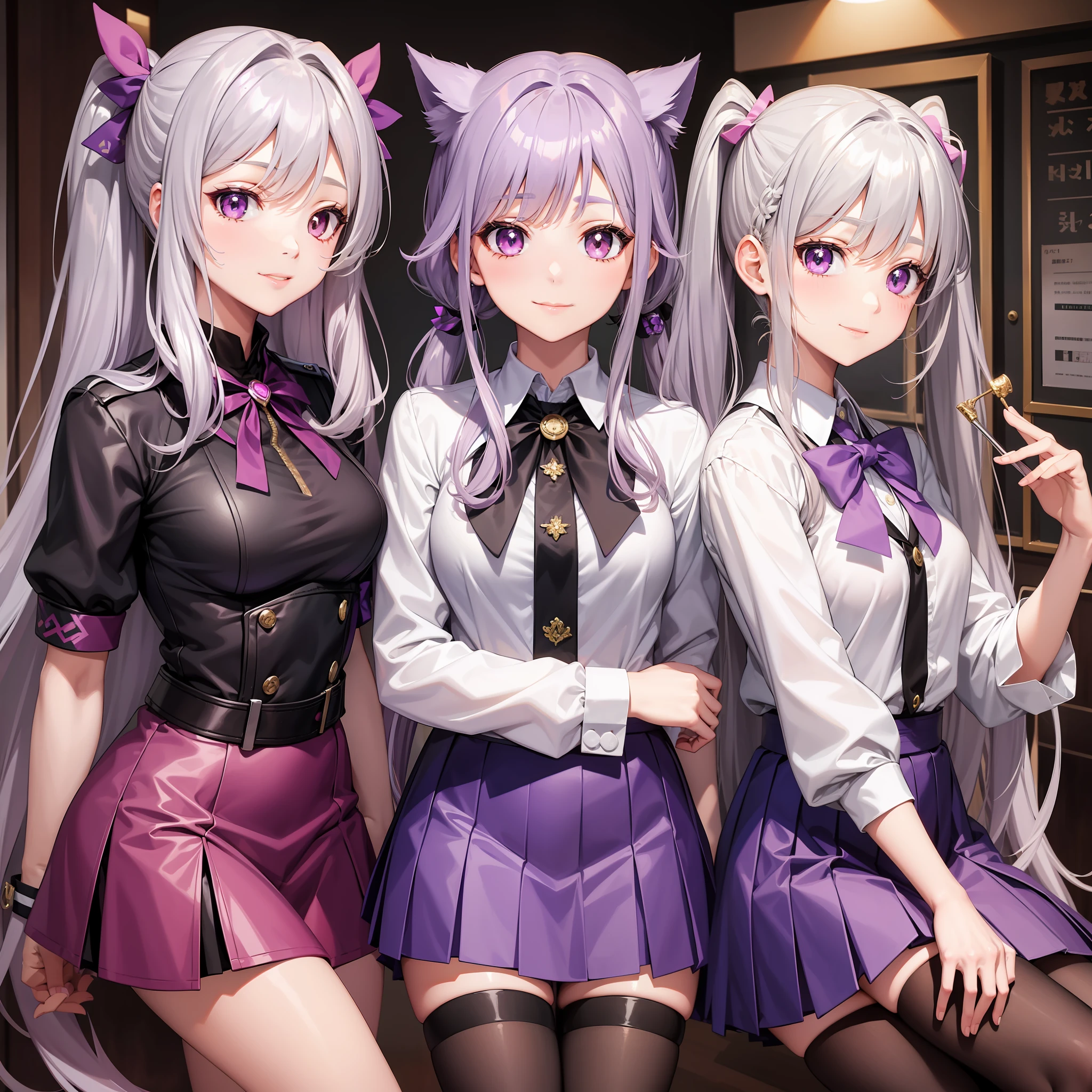 harem multiple girls school uniform smile long hair best quality masterpiece blonde purple hair silver hair pink hair future ponytail twin tails