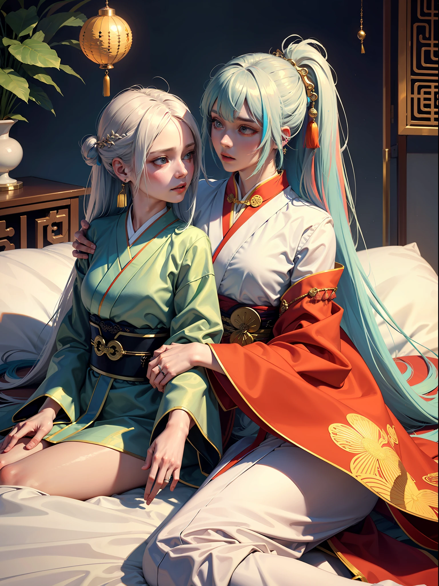 Concept Art, "1 Couple, Male Focus, Fin Ears, Multicolored Hair, Handsome Boy, Long White Hair, Tassels, Bangs, Carp, Colorful, Bold Colors, White Kimono, (Open) Kimono, Traditional Chinese Clothing, Close-up, Intimate Interaction in Bed, Stud Earrings, Rings, Sweat, Illuminate People", Colorful, Master Composition, Focus on Key Figures, Realism, Masterpiece, Award-Standing, Best Quality, Masterpiece, Ultra Detailed, 8K, Extremely Detailed CG Unity 8k wallpaper, complex, highly detailedrealistic