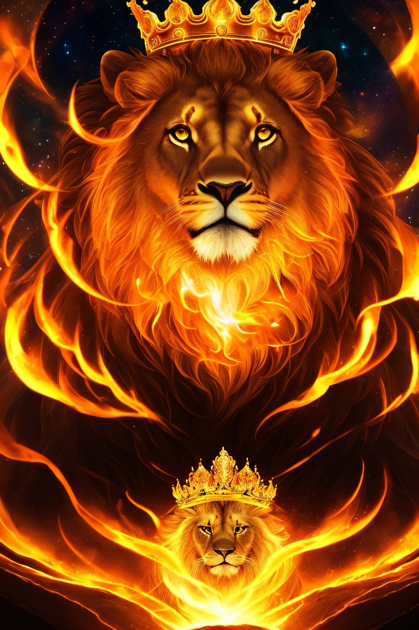 A royale King Lion full boby, galaxy background, magical 3D, full resolution RTX style with flaming eyes sitting on a throne, with a king's crown, captured through Photography with a 35 mm lens. Inspired by the art of National Geographic photographers, the scene depicts the majestic lion, majestic and powerful. The color temperature is warm, with golden tones enhancing the lion's grandeur. The lion's eyes burn with intense flames, emanating a sense of authority and dominance. The lighting casts dramatic shadows, creating a captivating, symmetrical, full body, big angle, rtx atmosphere