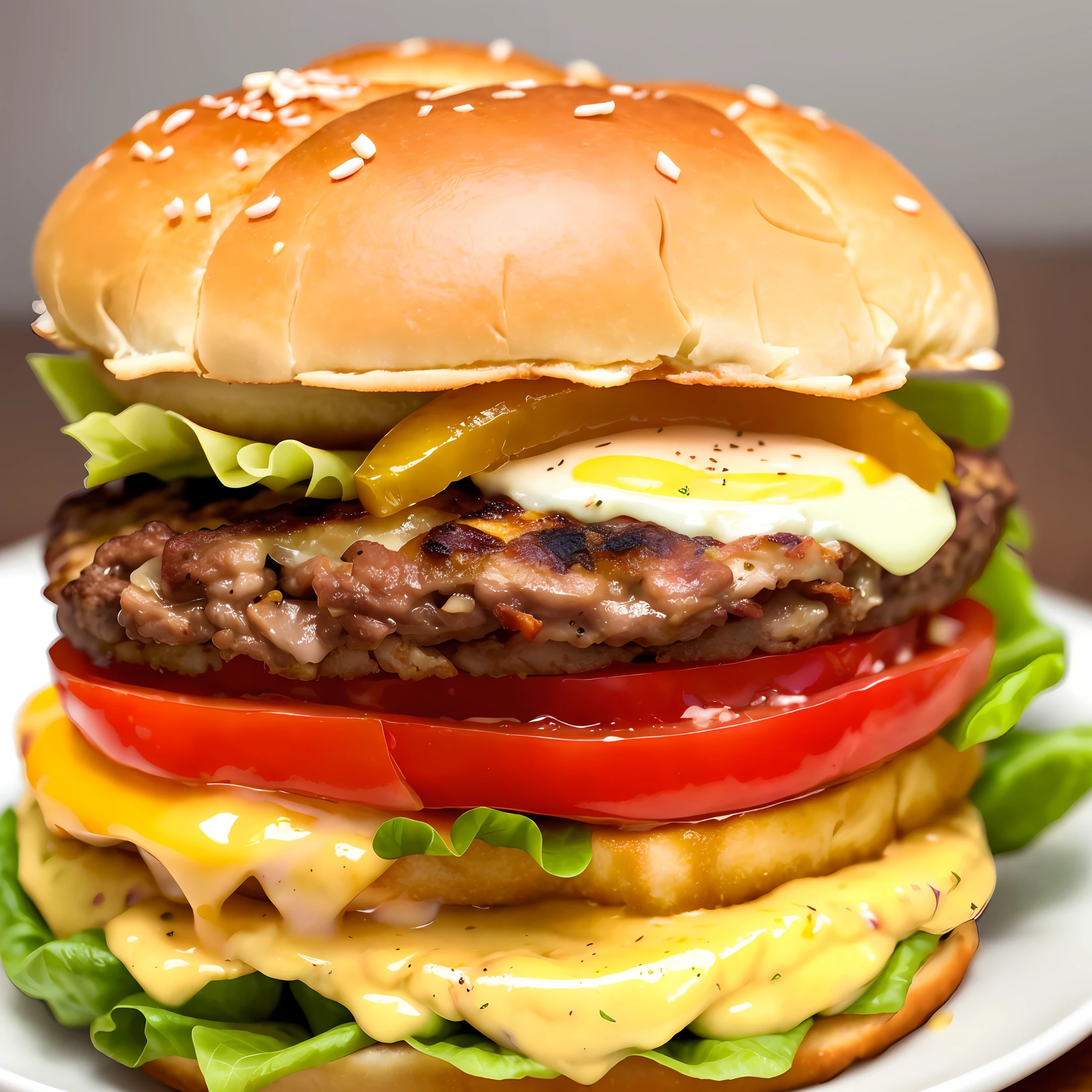 Double burger with egg, tomato, bacon, lettuce and mayonnaise. On a separate plate French fries