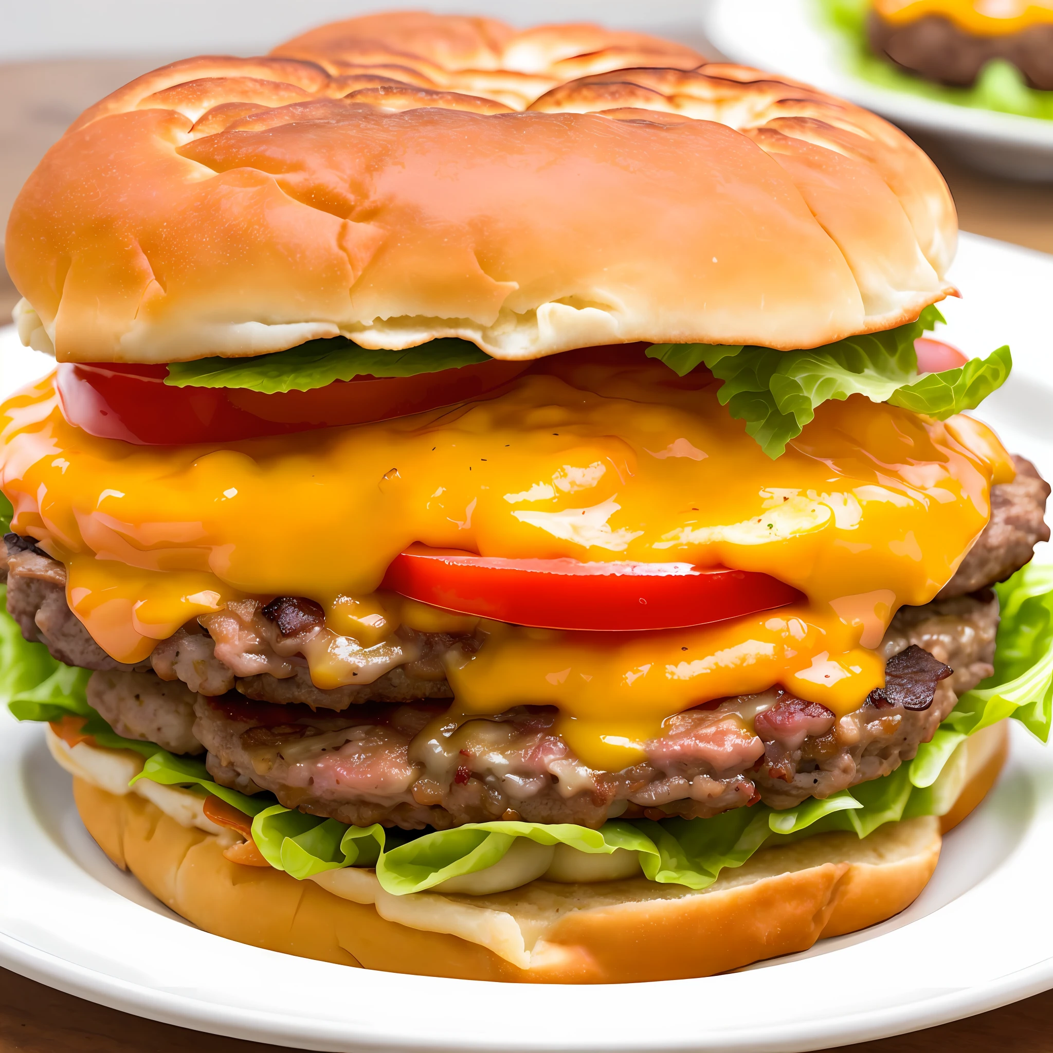 Double burger with egg, tomato, bacon, lettuce and mayonnaise. On a separate plate French fries