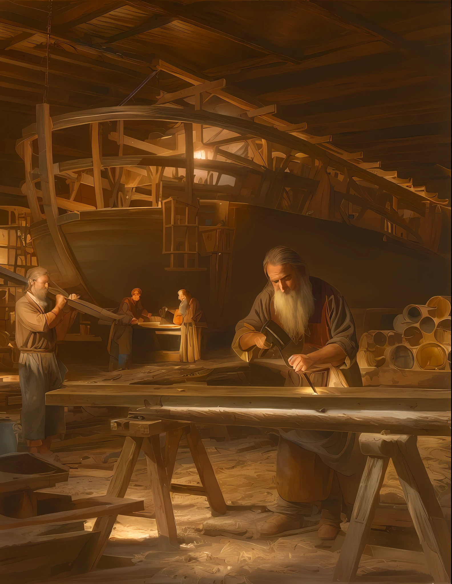 painting of a man working on a wooden boat in a shipyard, carpenter, noah's ark, biblical painting, bible illustration, by Tim Hildebrandt, virgil finlaytim hildebrandt, construction, amazing craftsmanship, jeremiah, hildebrandt, shipyard, by Scott Gustafson, rob rey, inspired by Mort Künstler, by Johfra Bosschart