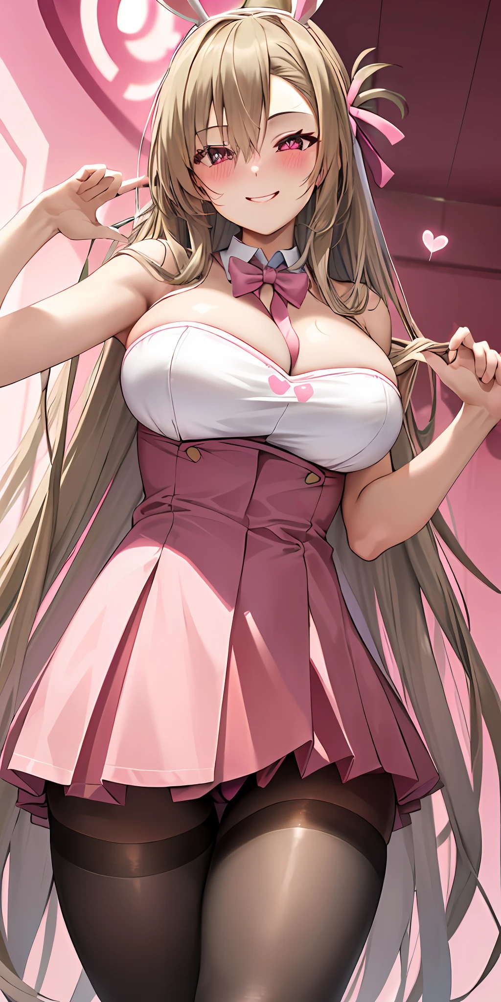 1girl, solo, asuna, long hair, large breasts, (pink bunnysuit), shoulders, thighs, pantyhose, cleavage, smiling, (blushing:1.3), standing, (heart-shaped pupil:1.3), (from below view)