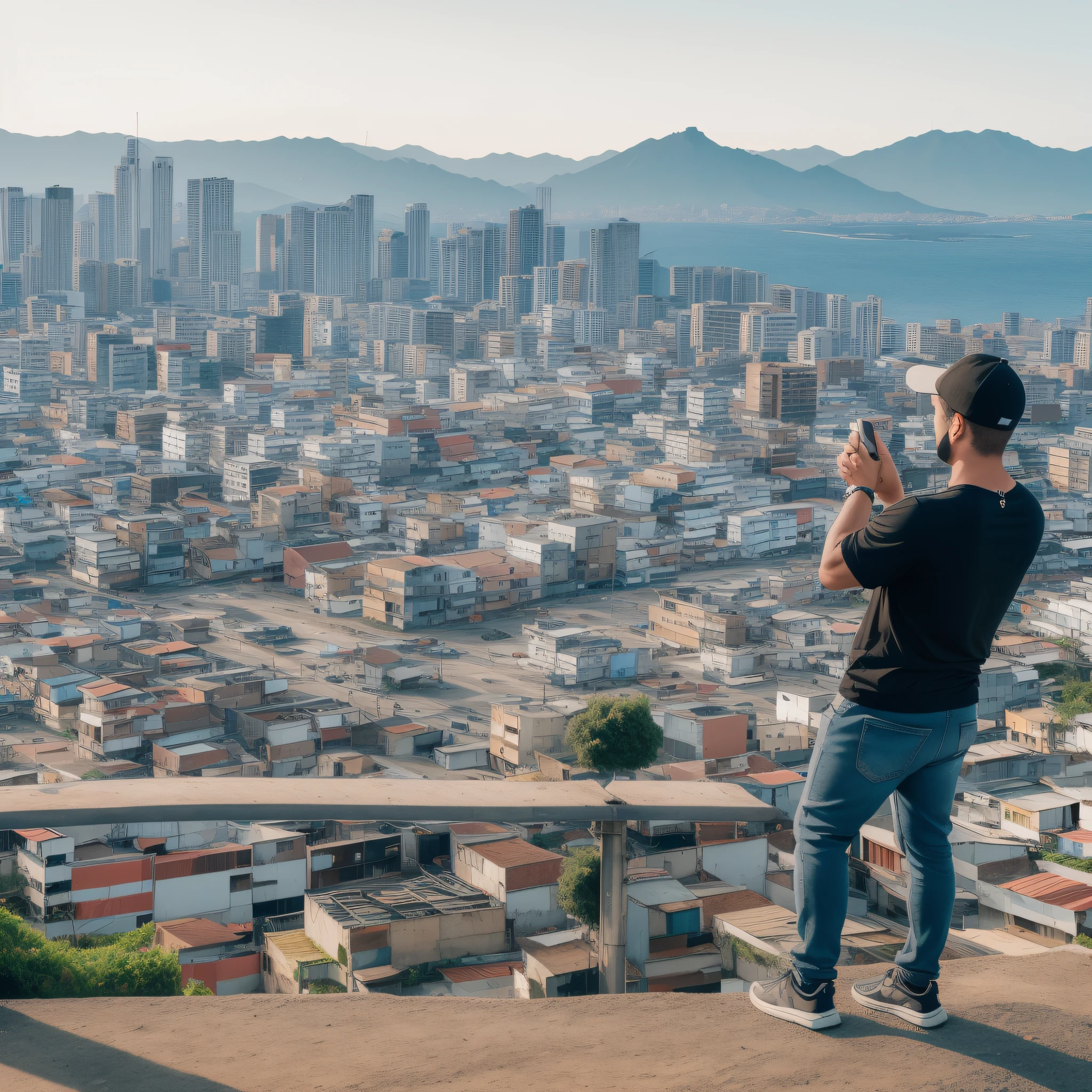 arafed man standing on a hill overlooking a city, with a city in the background, location ( favela ), location ( favela _ wall ), city in the background, favelas, walking on top of a tiny city, city in background, favela, town in the background, urban in background, outlive streetwear collection, standing on rooftop, city backdrop