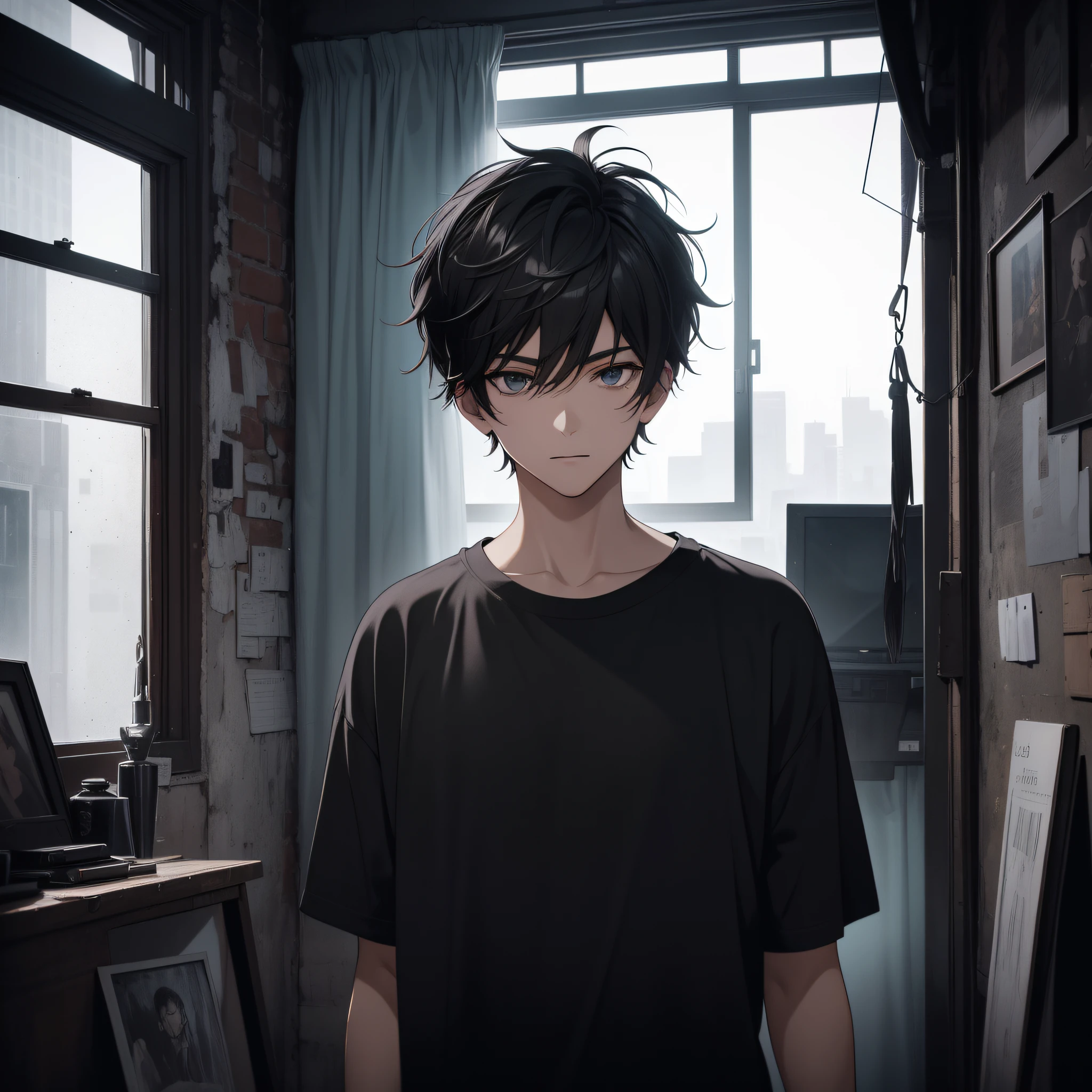 Absurd resolution, high resolution, (masterpiece: 1.4), hyper-detail, young man's messy short black hair, black casual clothes, eerie room, open curtains