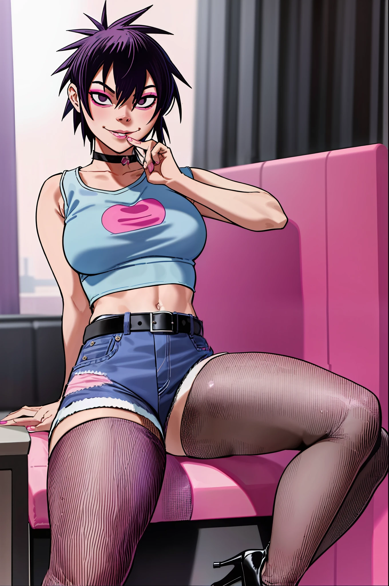 noodle (gorillaz), masterpiece, best quality, hair between eyes, purple hair, choker, belt, blush, looking at viewer, bangs, fishnets, pink crop top, taking off shirt, solo, blue hair, makeup, short hair, portrait, black eyes, small breasts, blush, sexual expression, seductive smile, hair covering eyes, high heels, 5 fingers, hands on breasts, sitting on knees, breasts tease, detailed music studio background, denim shorts, detailed tummy, pink eye shadow, sfw