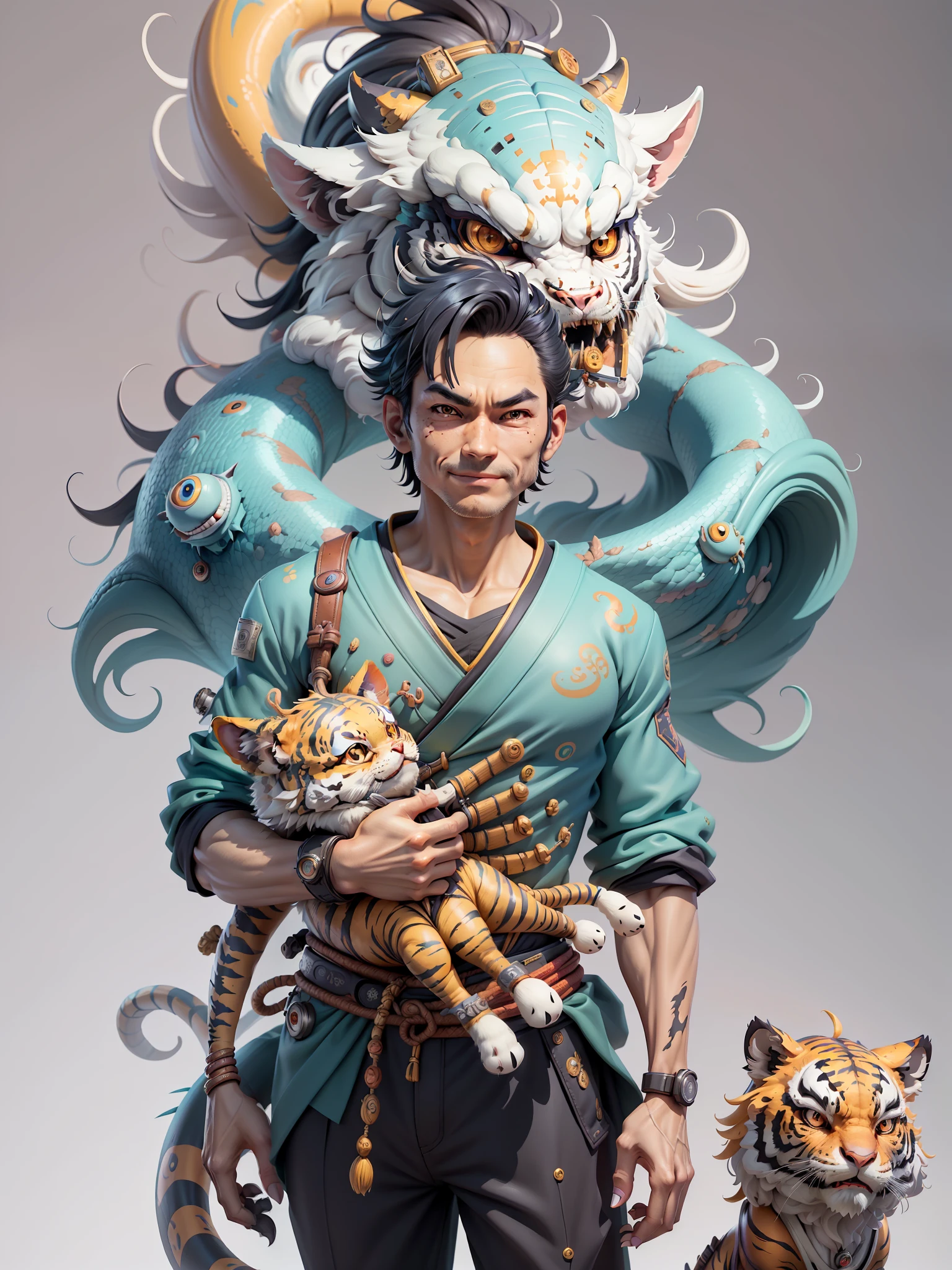 (Masterpiece), (Excellent), (Super Meticulous), (Full Body: 1.2), Super Young Man with Japanese Female Geisha, Beauty, Chinese Dragon, Tiger, Wind God Thor, Sexy, Bursting, Oriental Face, TV Anchor, Bust Portrait Illustration, Black Suit, Blue Tie, Slightly Chubby, Very Clean Face, No Beard, Black Super Short Hair, Black Eyes, Confident Smile, 3c Computer Sub-Products, iPad, iPhone, Digital Painting, 3D Character Design by Mark Claireden and Pixar and Hayao Miyazaki and Akira Toriyama, The illustration is a high-definition illustration in 4K resolution with very detailed facial features and cartoon-style visuals.
