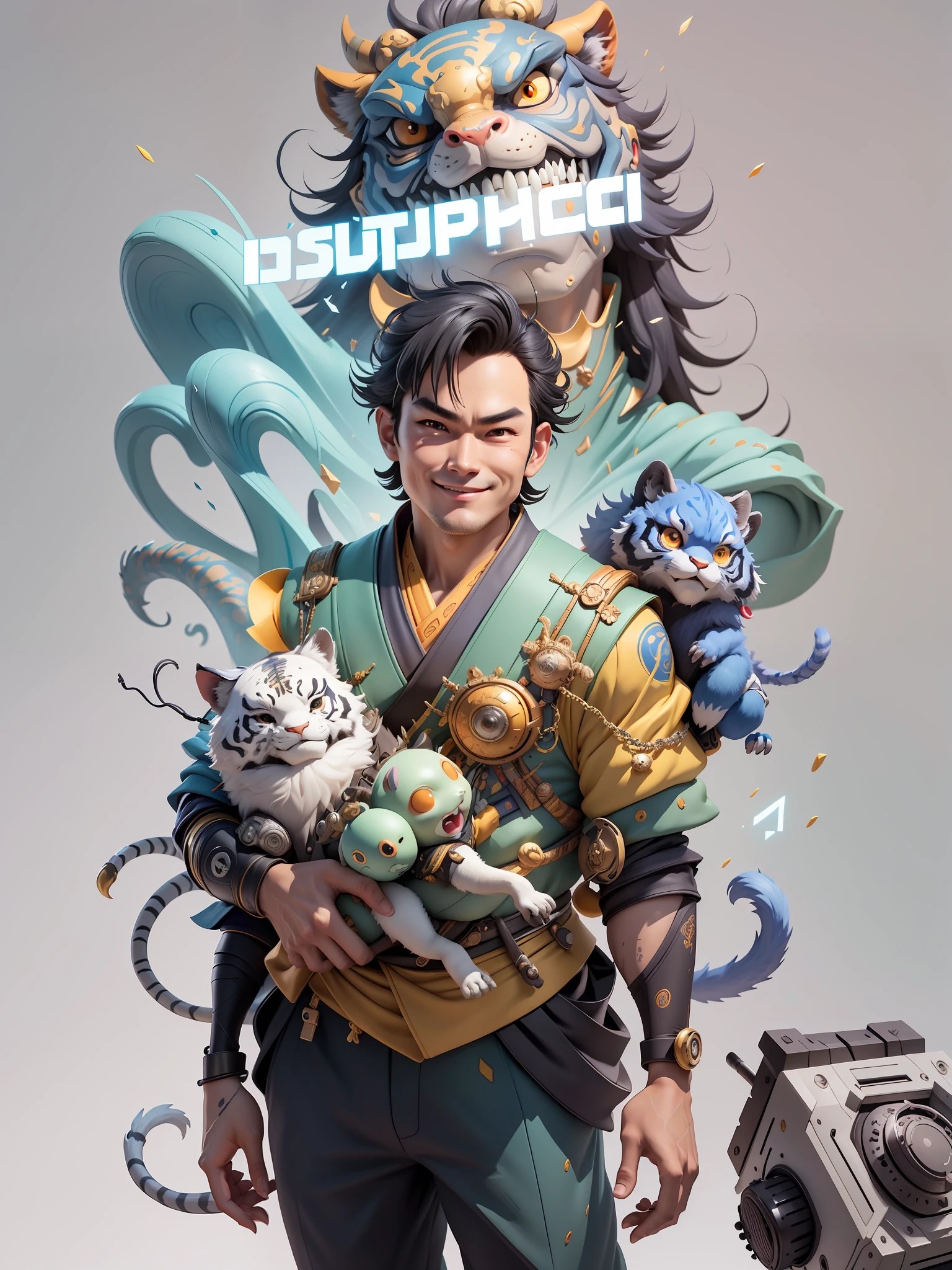 (Masterpiece), (Excellent), (Super Meticulous), (Full Body: 1.2), Super Young Man with Japanese Female Geisha, Beauty, Chinese Dragon, Tiger, Wind God Thor, Sexy, Bursting, Oriental Face, TV Anchor, Bust Portrait Illustration, Black Suit, Blue Tie, Slightly Chubby, Very Clean Face, No Beard, Black Super Short Hair, Black Eyes, Confident Smile, 3c Computer Sub-Products, iPad, iPhone, Digital Painting, 3D Character Design by Mark Claireden and Pixar and Hayao Miyazaki and Akira Toriyama, The illustration is a high-definition illustration in 4K resolution with very detailed facial features and cartoon-style visuals.