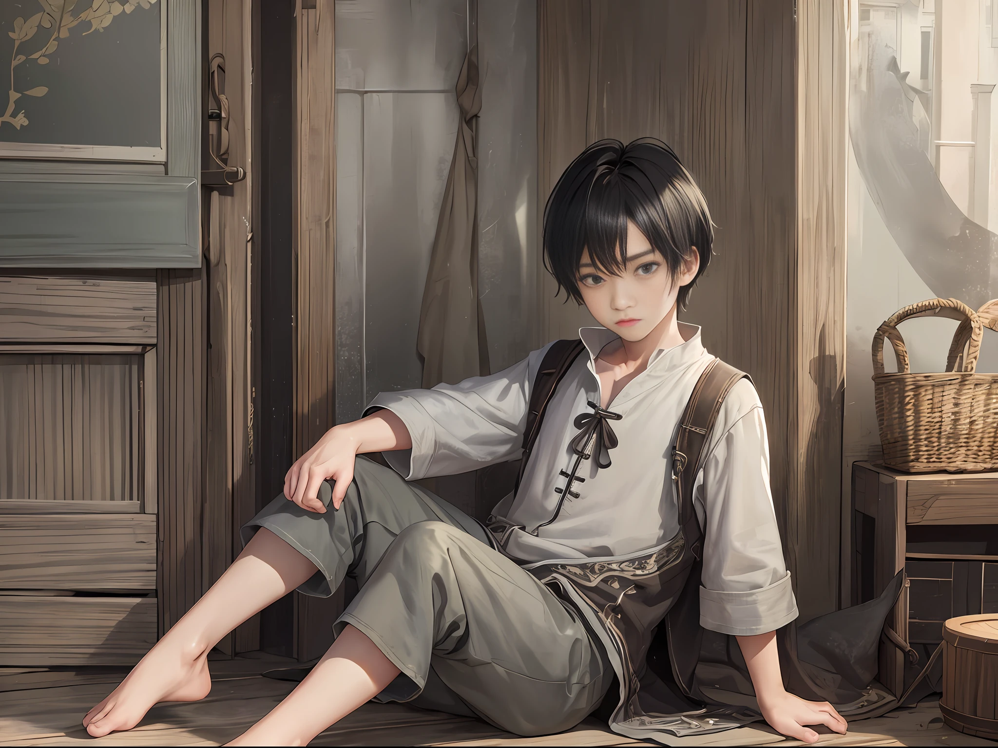 1 boy, serious, serious, simple clothes, coarse cloth, barefoot, no shoes, shabby village, solo, desolate ((ultra-realistic details)), Chinese style, panorama, full body, global illumination, clear facial features, short black hair, shabby clothes, sloppy, 8k, a pair of bright eyes